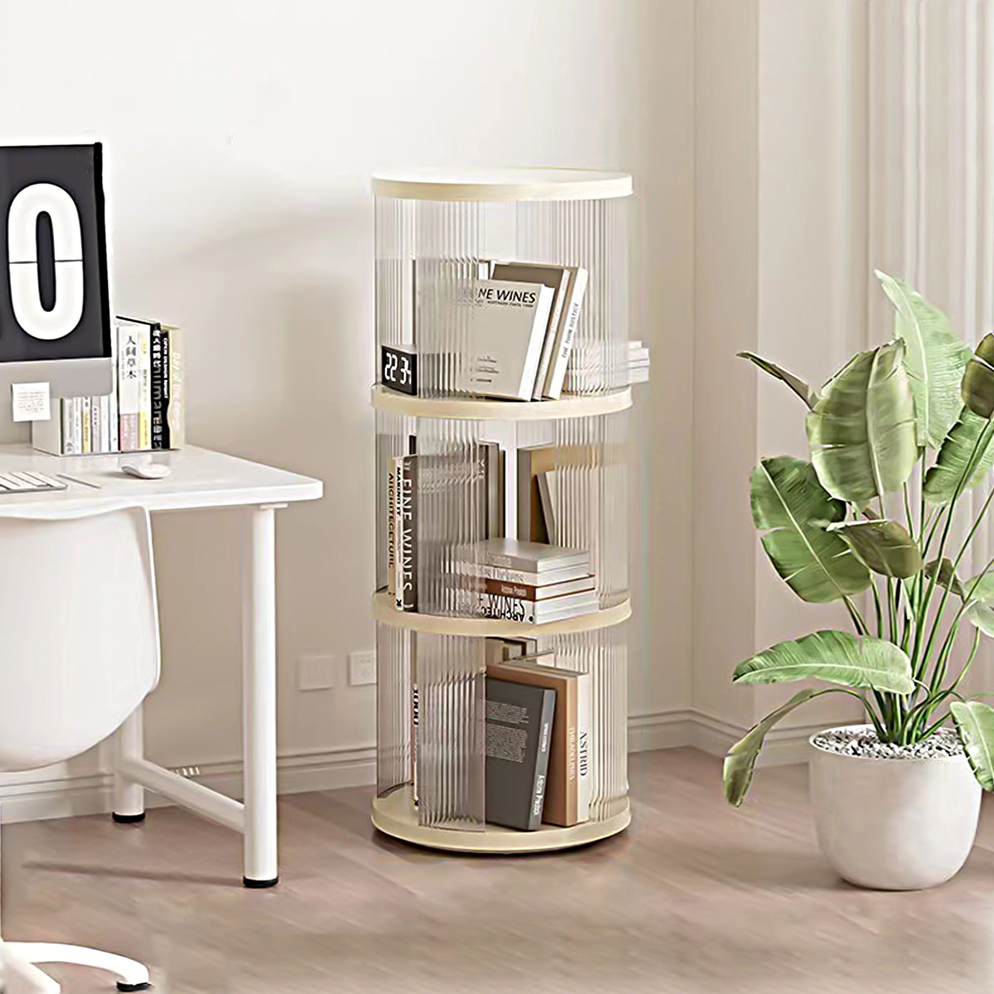 360° Rotating Bookshelf, Small Corner Bookcase, 3 Tier Floor Standing Organizer, Round - Cream White