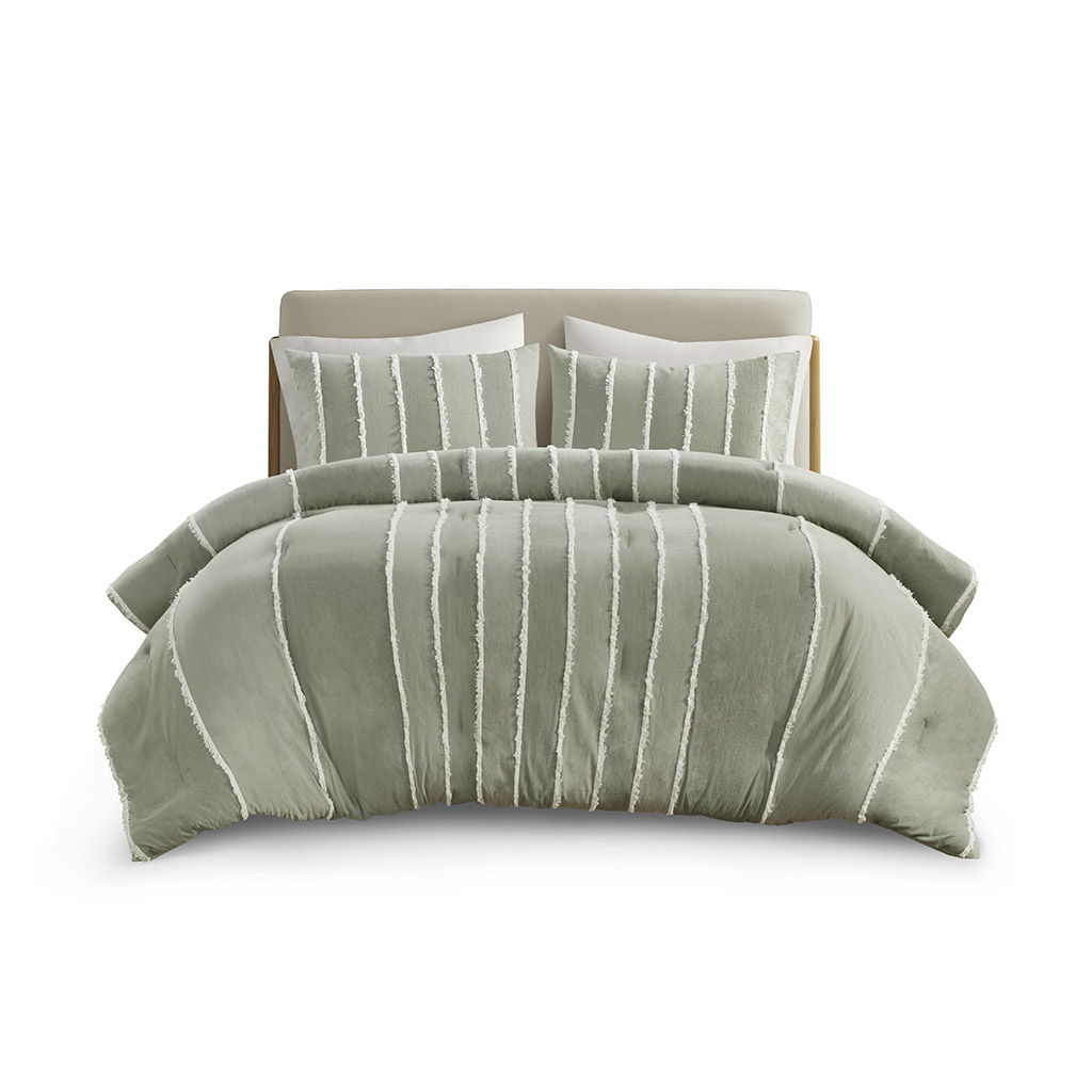 Shay - 3 Piece Striped Cotton Comforter Set - Sage