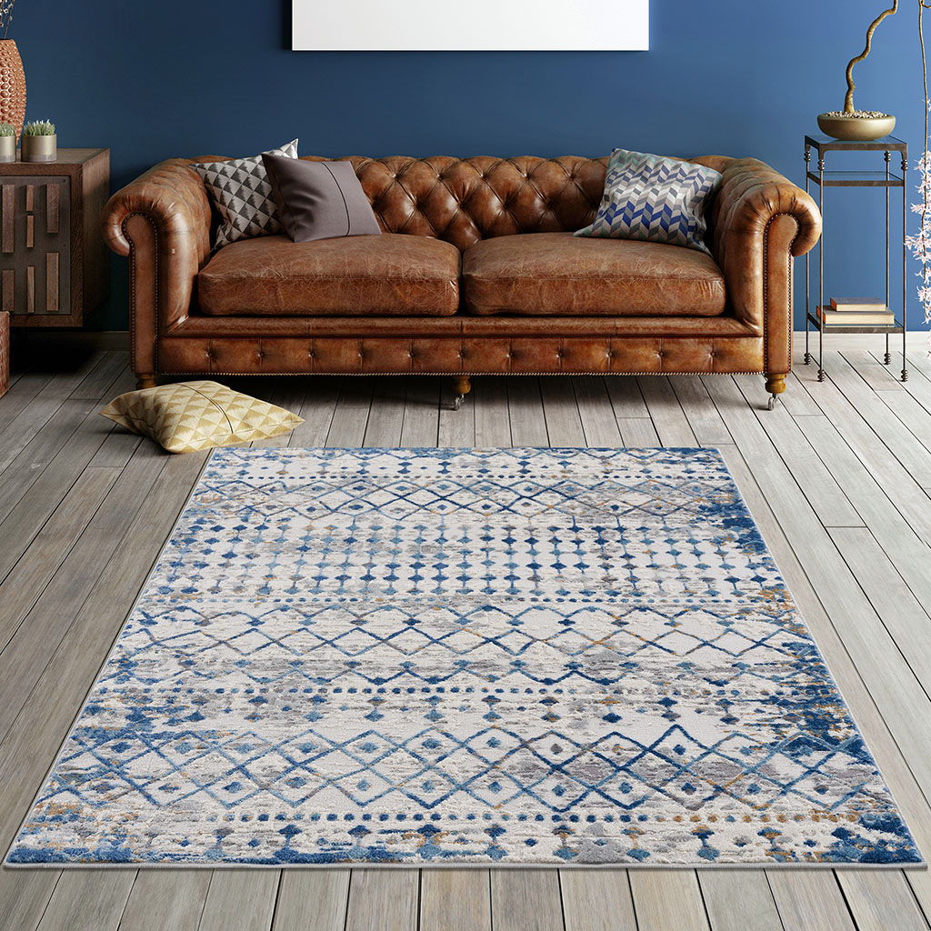 Hannah - 7' X 9' Moroccan Global Woven Area Rug - Blue / Cream