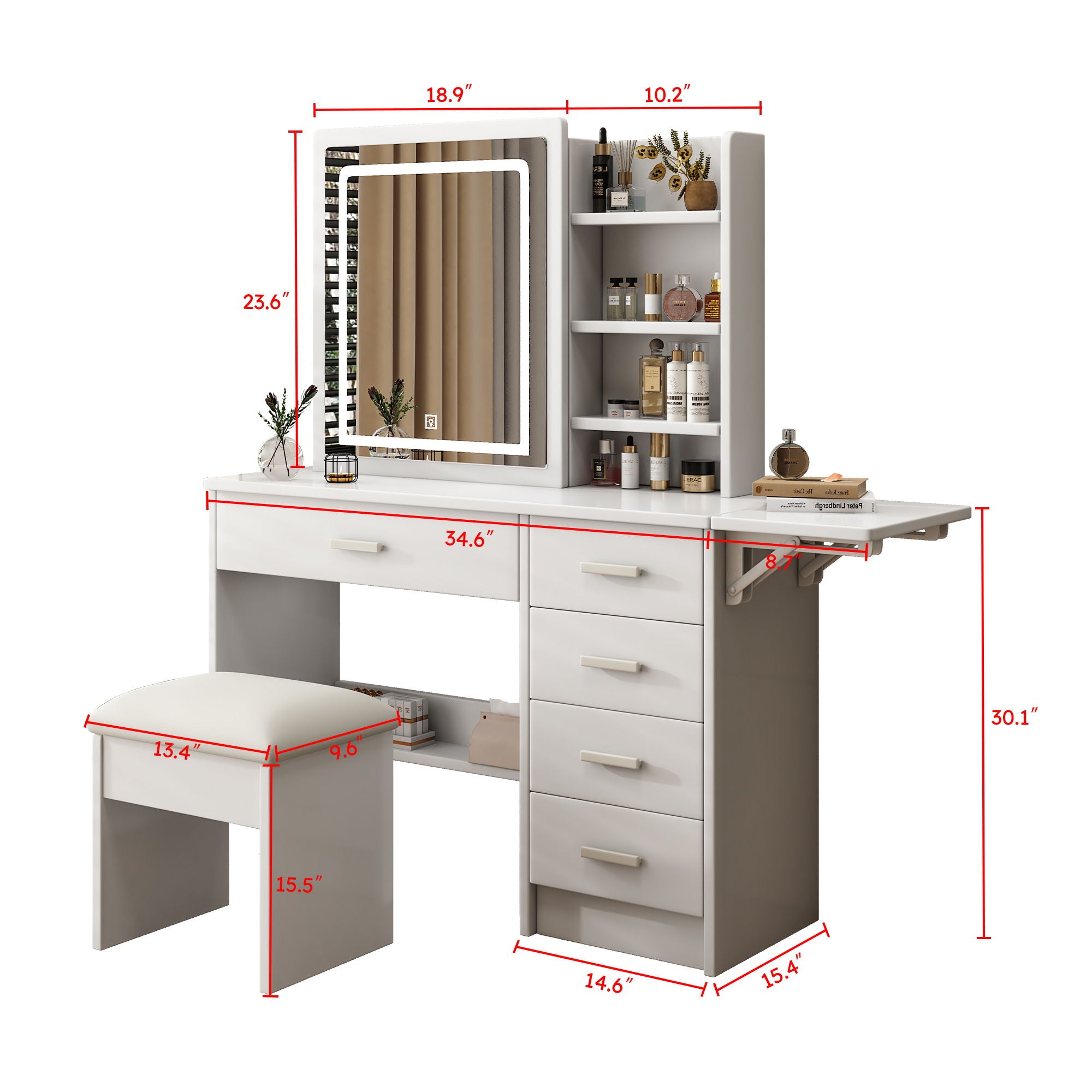 Fashion Vanity Desk With Mirror And Lights For Makeup, 5 Drawers, Adjustable Lighting - White