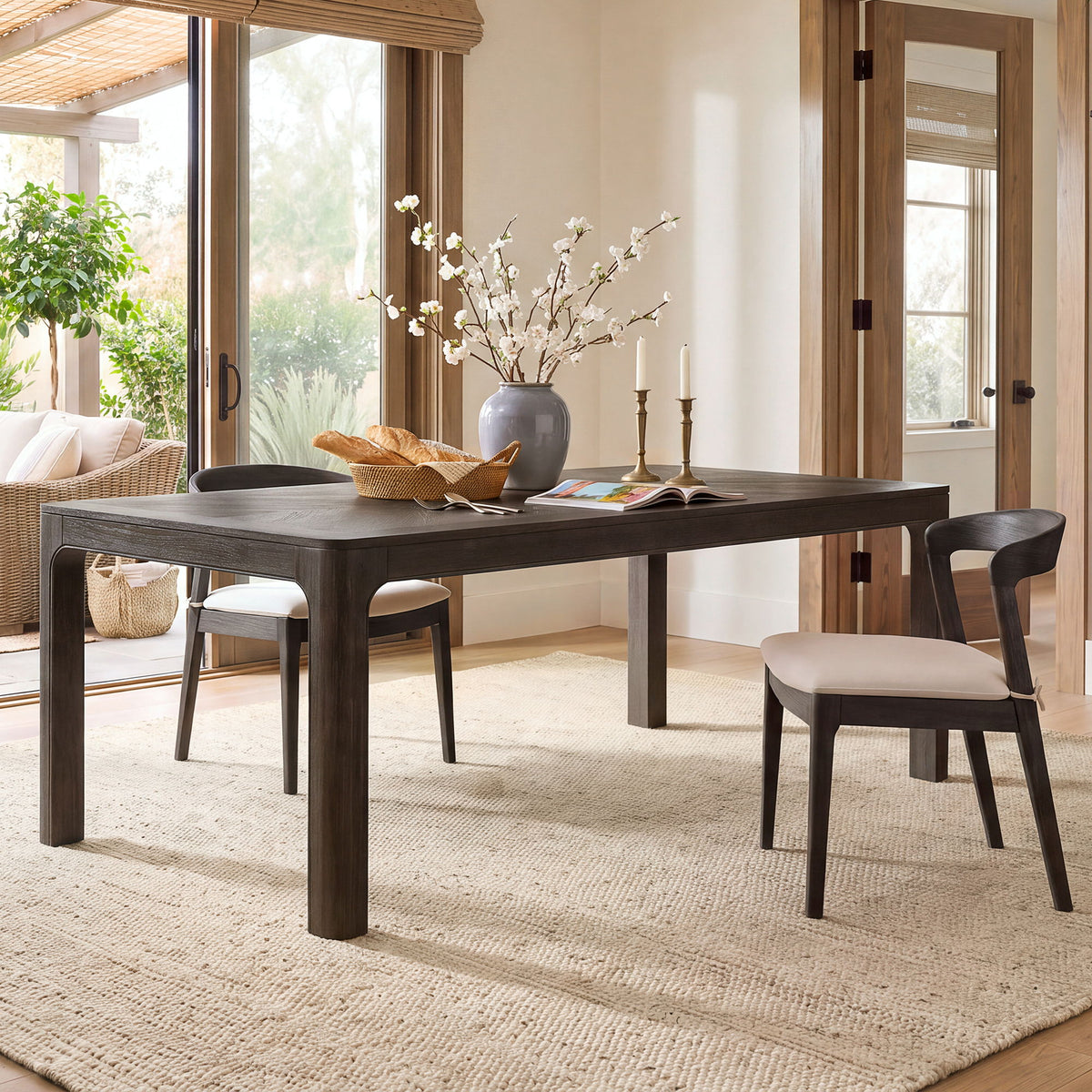 Rectangular Dining Table With Parquet Top, Rounded Corners