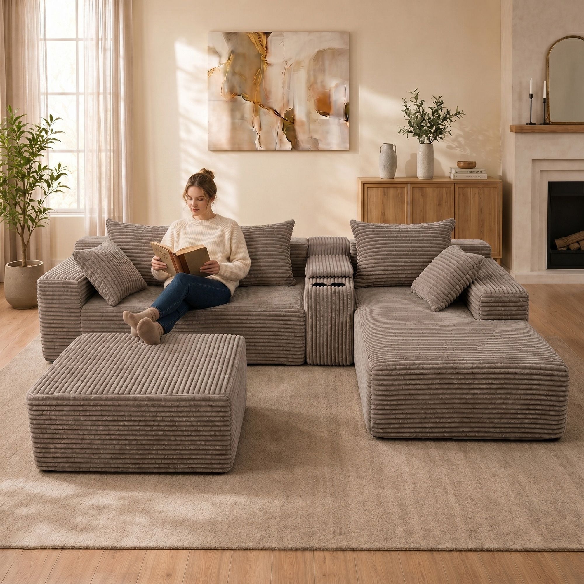 U-Shaped Modular Sofa With Cup Holders And Storage For Living Rooms - Coffee
