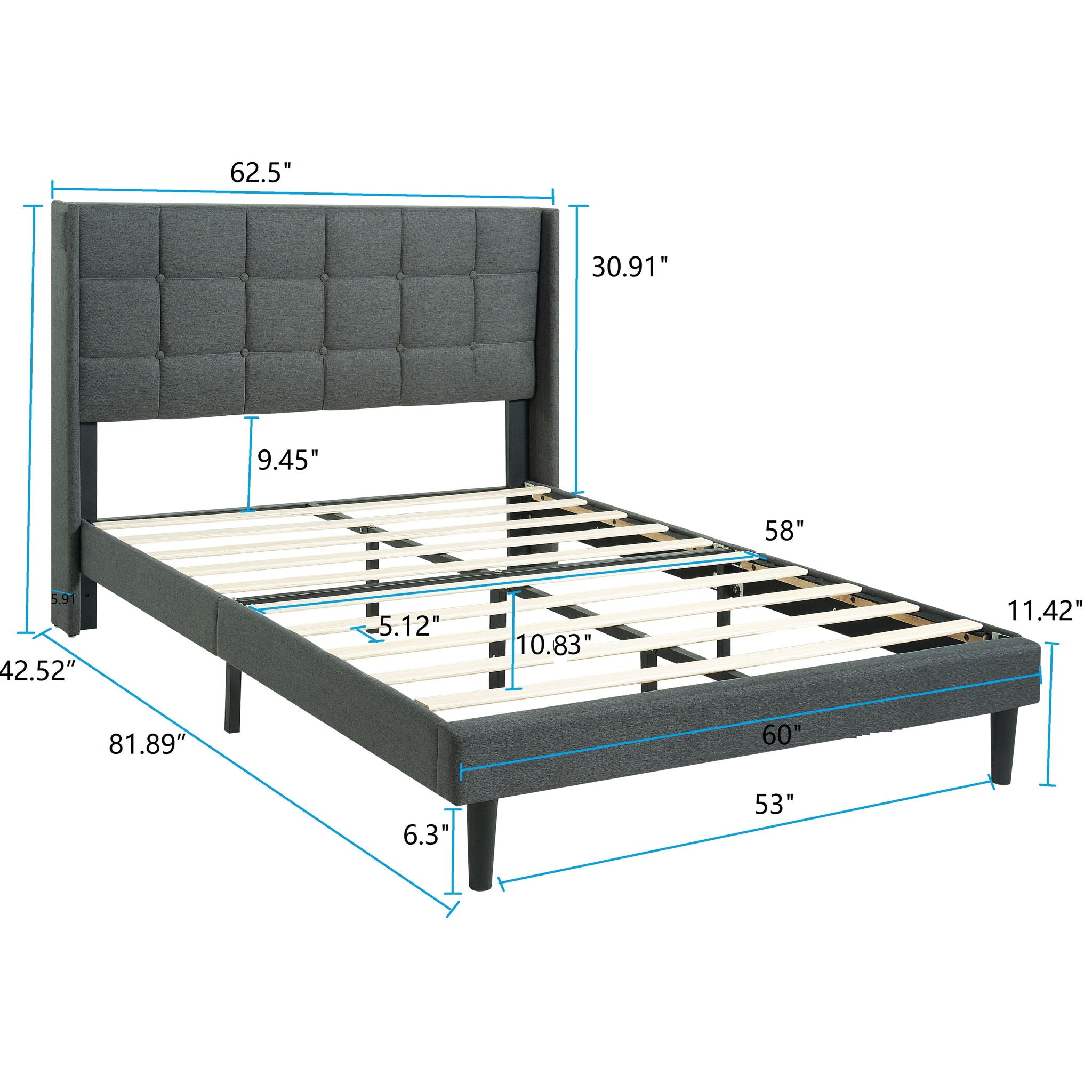 Queen Size Upholstered Platform Bed Frame With Button Tufted Linen Fabric Headboard - Dark Gray