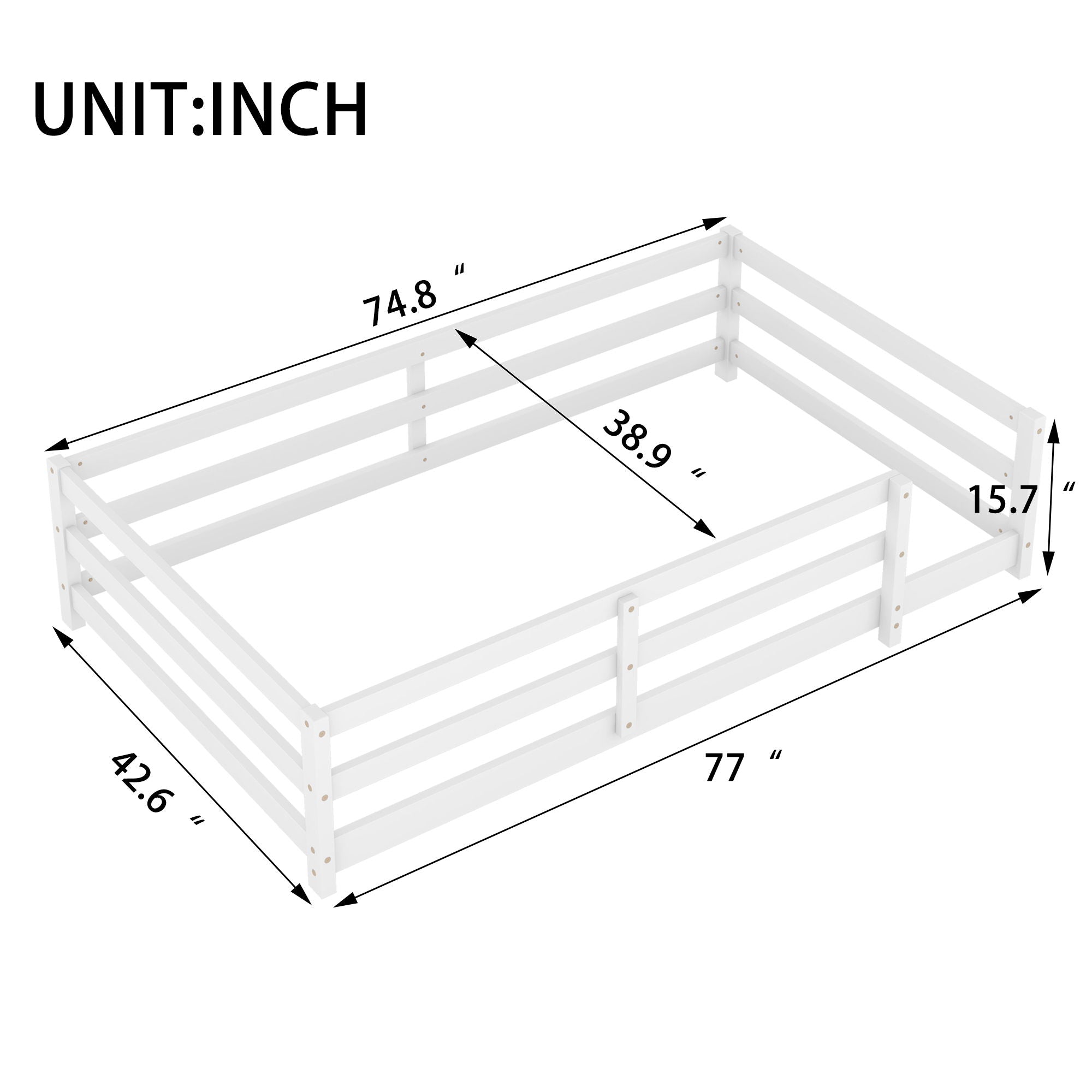 Twin Size Montessori Floor Bed With Fence - White