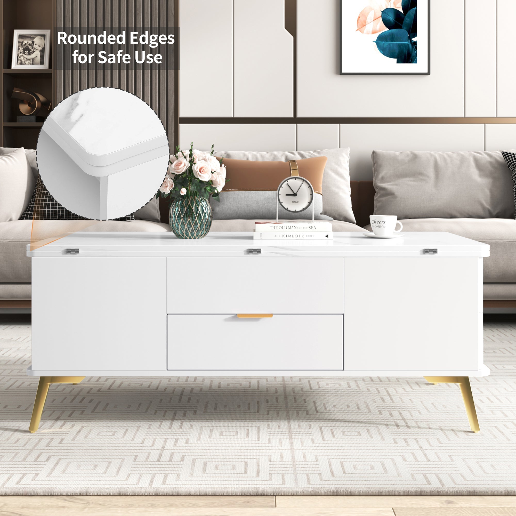 Modern Lift Top Coffee Table Multi Functional Table with Drawers in White
