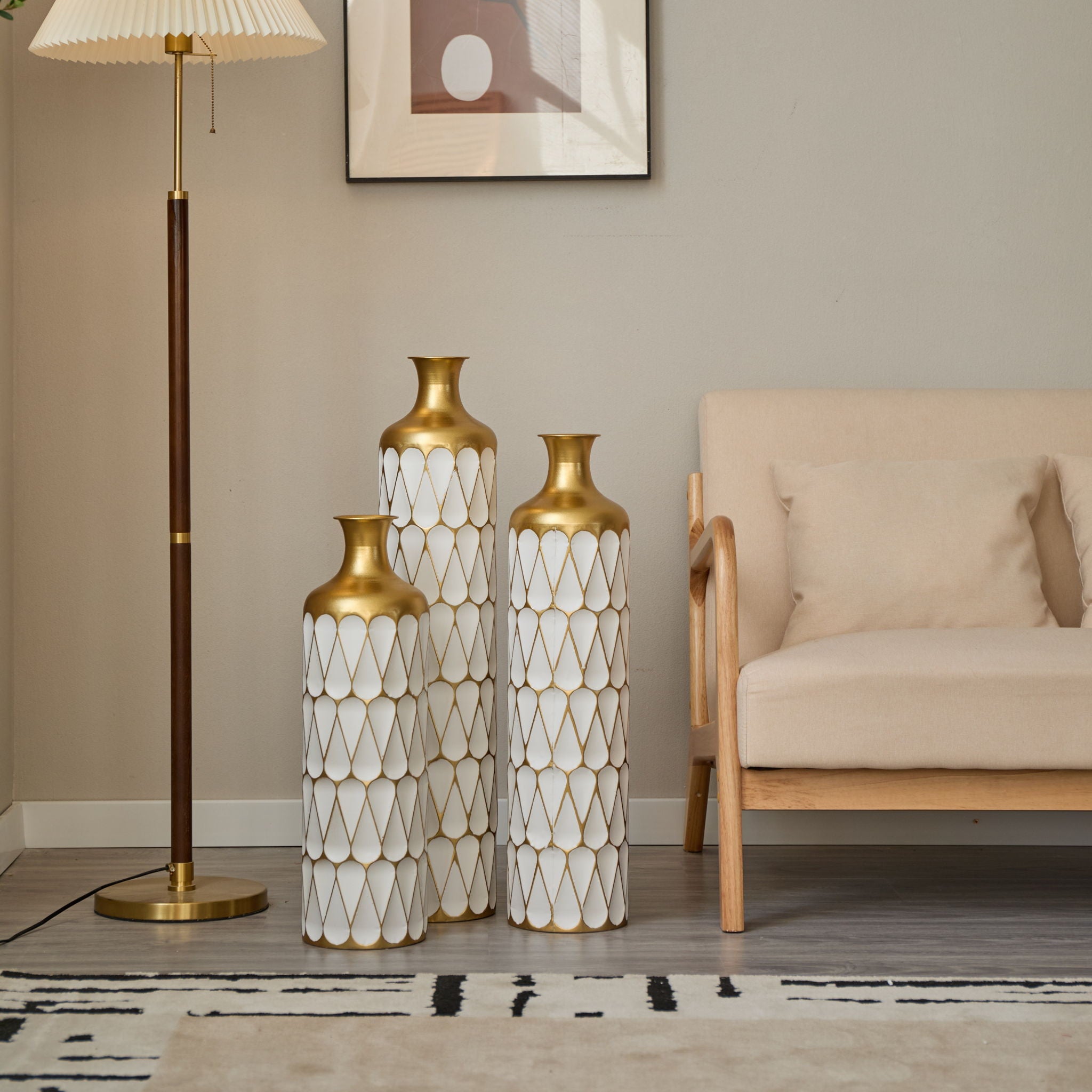 Floor Metal Vase Modern Style Decoration Home Droplet Shaped Metal Vase 3 Piece Set Gorgeous Home Decoration Large Glazed Metal Vase - Gold / White