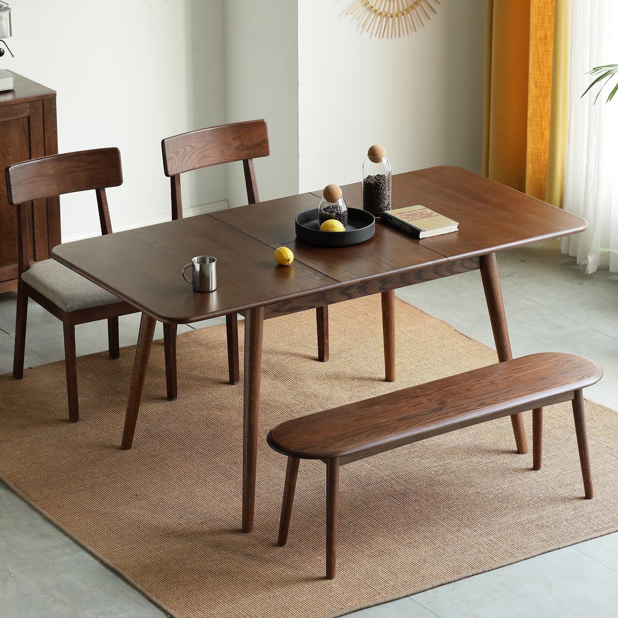 Walnut color solid oak round corner diagonal leg telescopic table 1.2-1.6m, for 6-8 people to meet
Dining table wood (Walnut color)