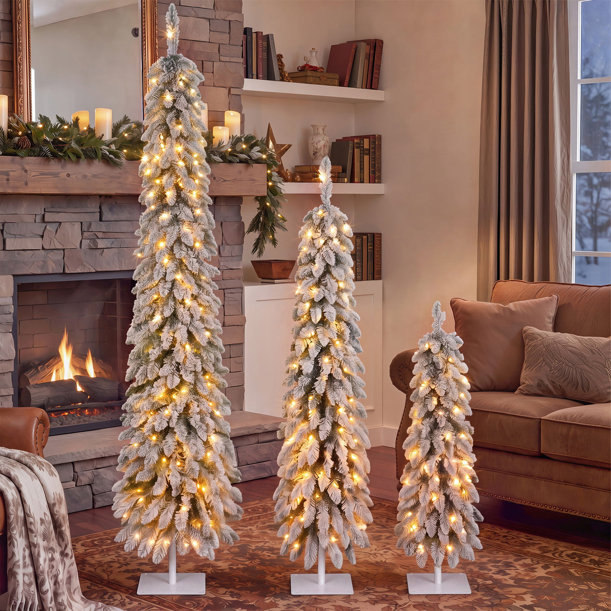 Slim Snow Flocked Pre Lit Pencil Christmas Tree, 3.9Ft / 5.9Ft / 7.9Ft With 750 Branch Tips, 480 LED Lights, Warm Glow, For Indoor Holiday Decor - White