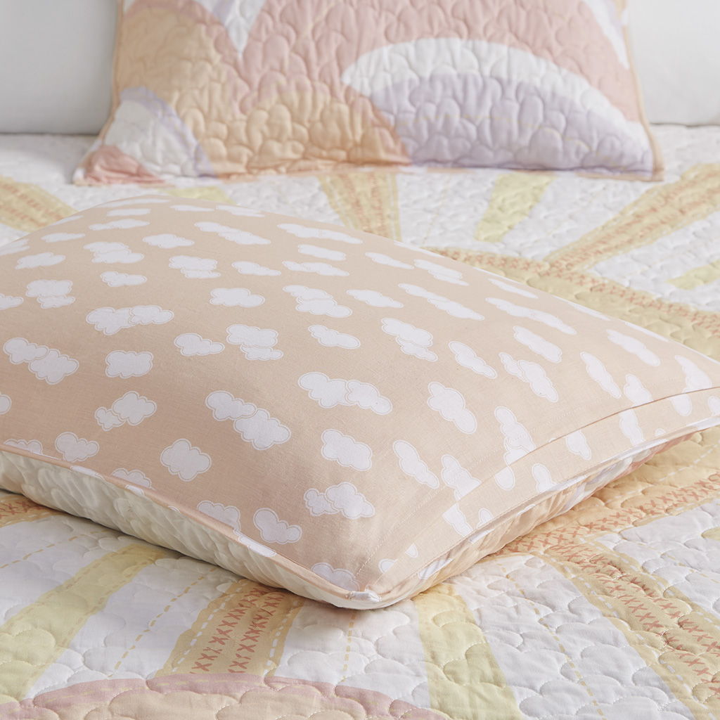 Dawn - Sunshine Printed Reversible Coverlet Set - Yellow / Coral