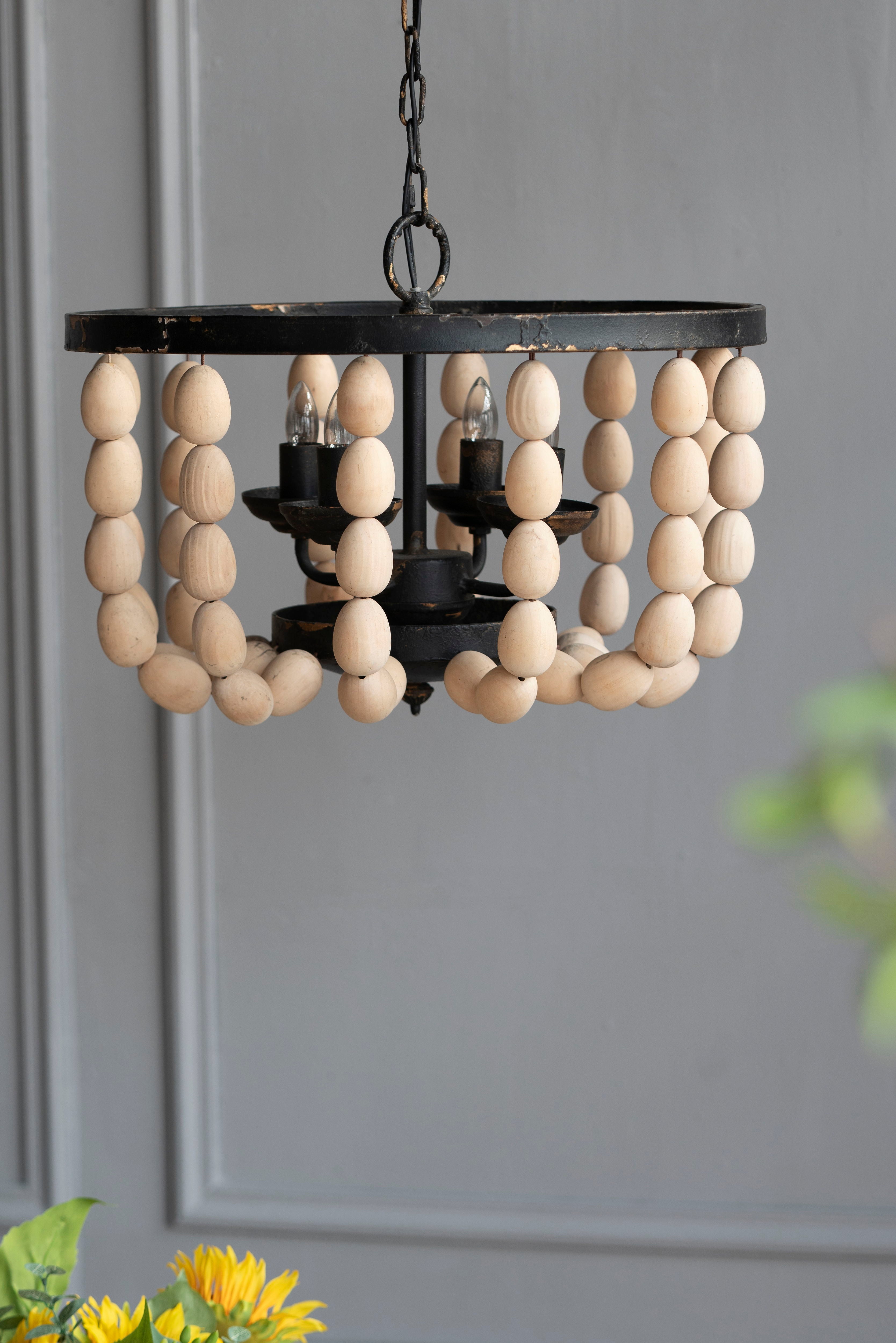 4 Light Wood Chandelier, Hanging Light Fixture With Adjustable Chain For Kitchen, Bulb Not Included - Cream
