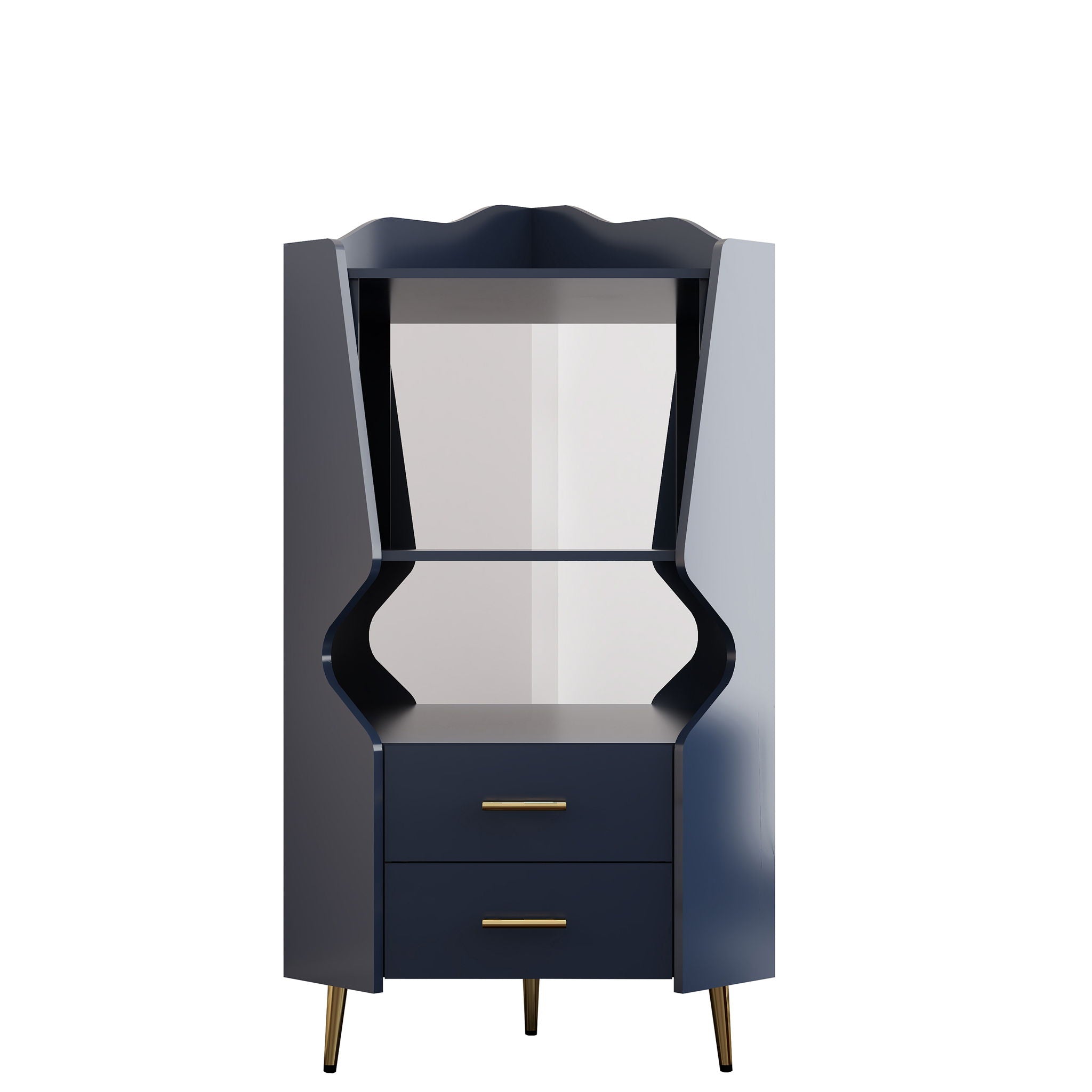 Corner Bar Cabinet With Mirrored Back, 2 Open Shelves & 2 Drawers, High Legs For Easy Cleaning