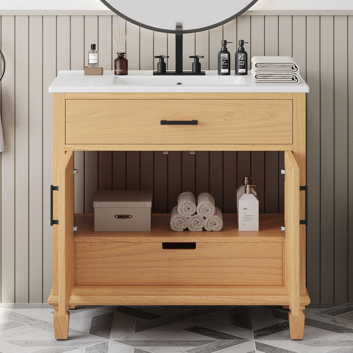 Bathroom Vanity With Ceramic Sink, Modern Free Standing Cabinet With Soft Close Drawers
