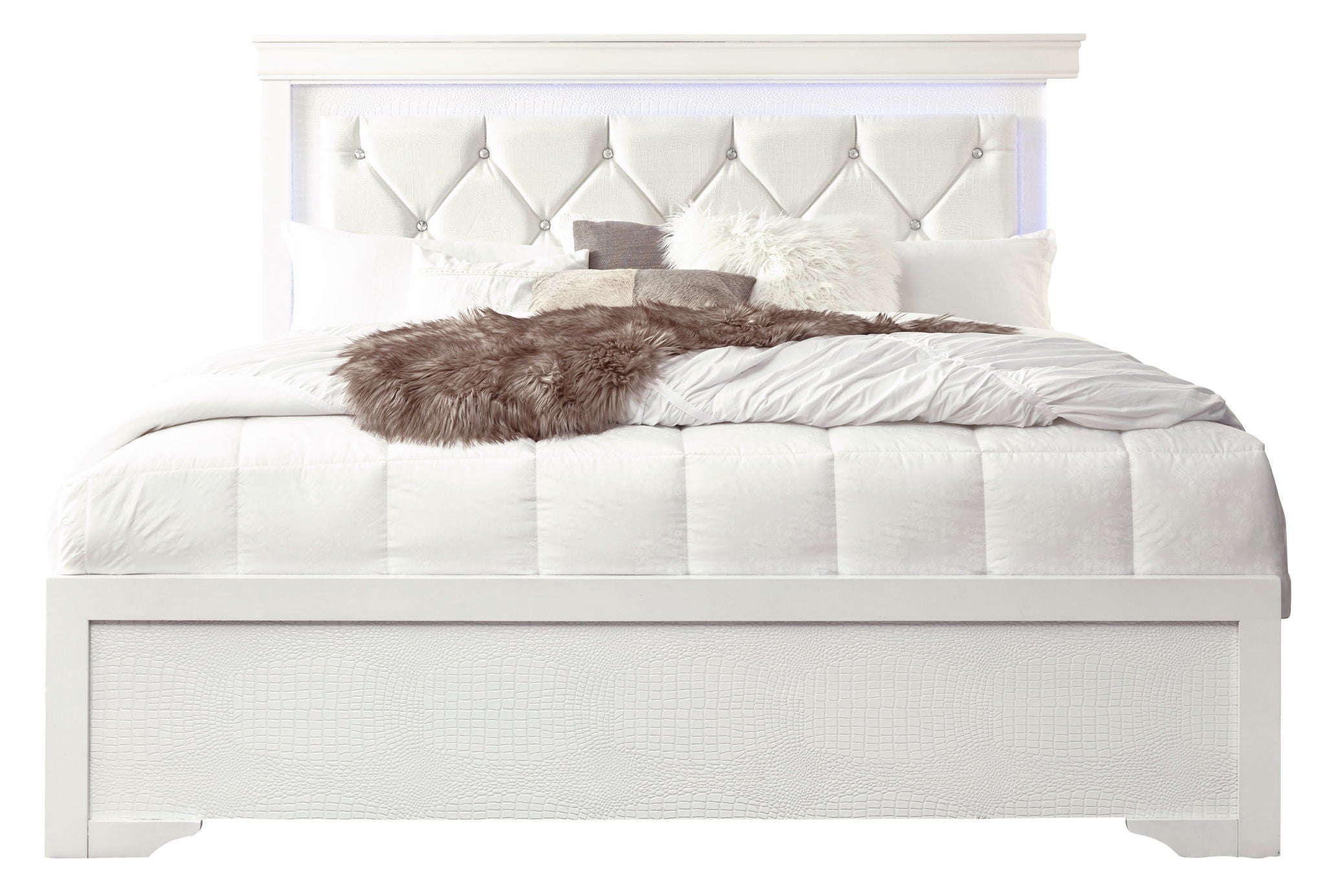 Pompei - Queen Bed Headboard With LED And Footboard - Metallic White