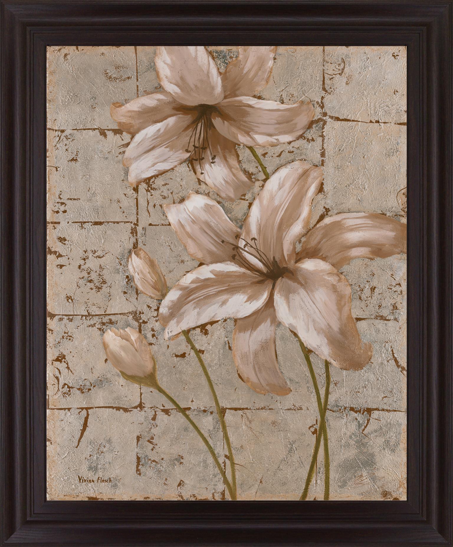 Cream Lily Trio - 28" x 34" Framed Wall Art - Beige