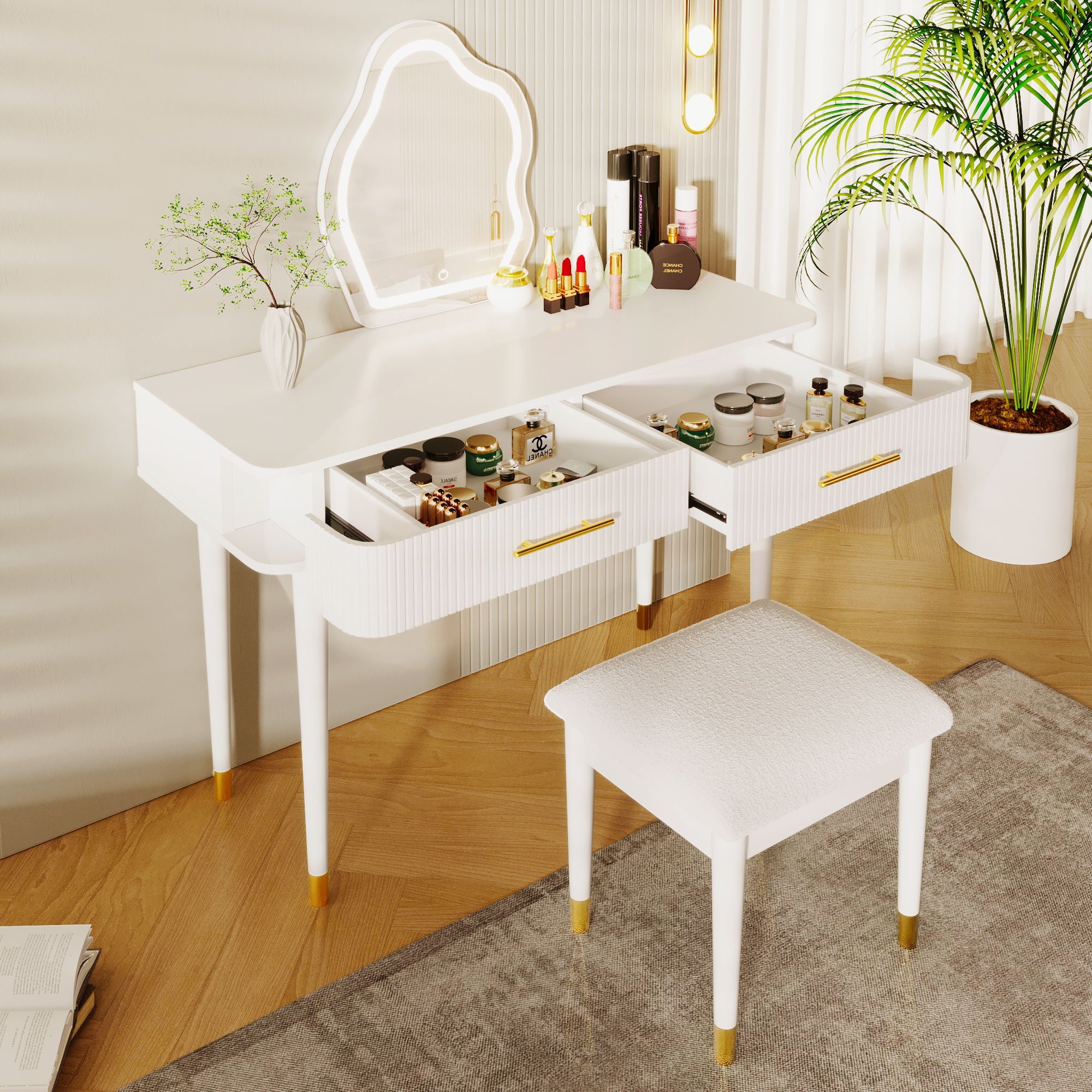 Modern Vanity Table Set With Mirror Touch Screen Lighted Mirror, Dressing Table And Cushioned Stool Set With 2 Large Drawers - White