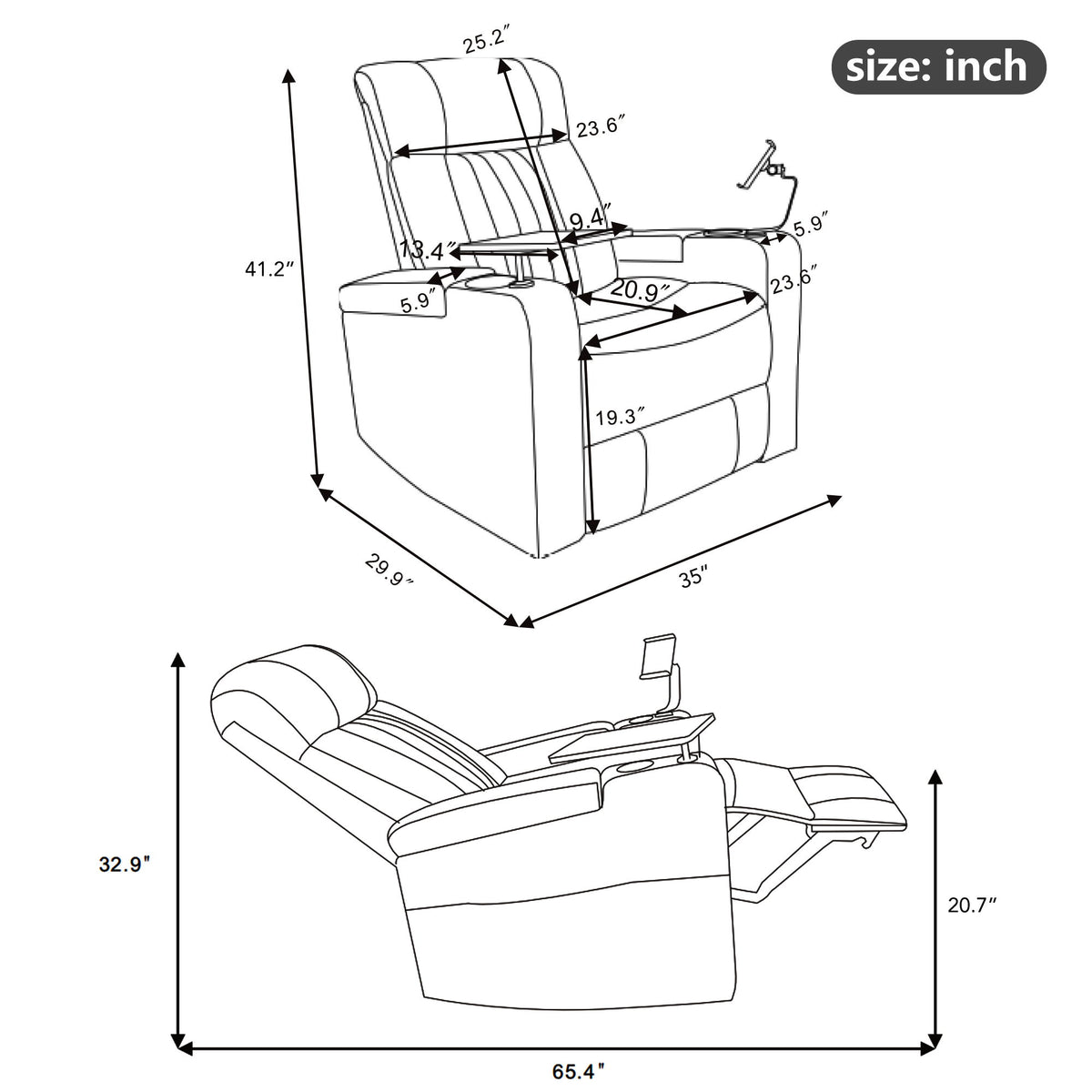 Premium Power Recliner & Storage Arms, Cupholders, Swivel Tray Table And Cell Phone Stand - Black