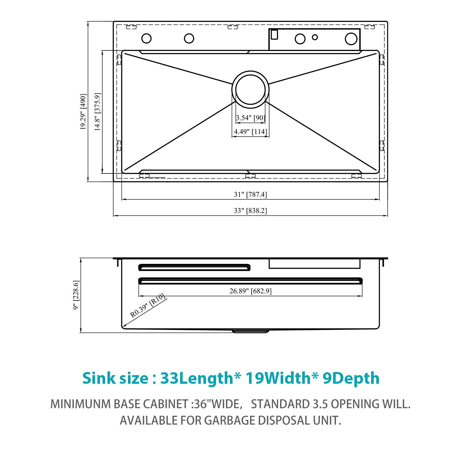 33" Stainless Steel Single Bowl Kitchen Sink With Waterfall Flow