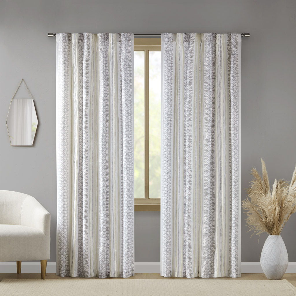 Ebby - Poly Printed Curtain Panel With Tufted Stripe (Set of 2) - White / Taupe