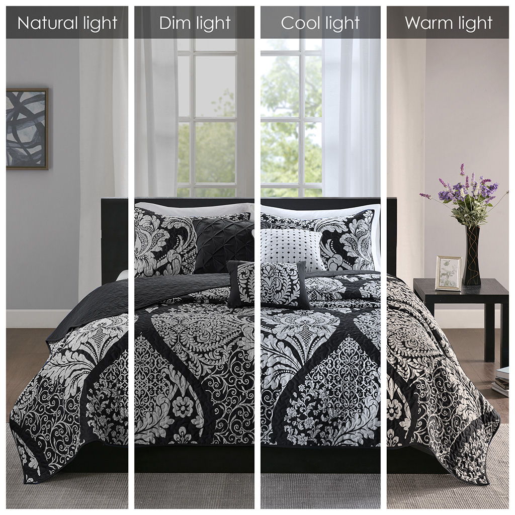 Vienna - 6 Piece King Printed Cotton Quilt Set With Throw Pillows - Black