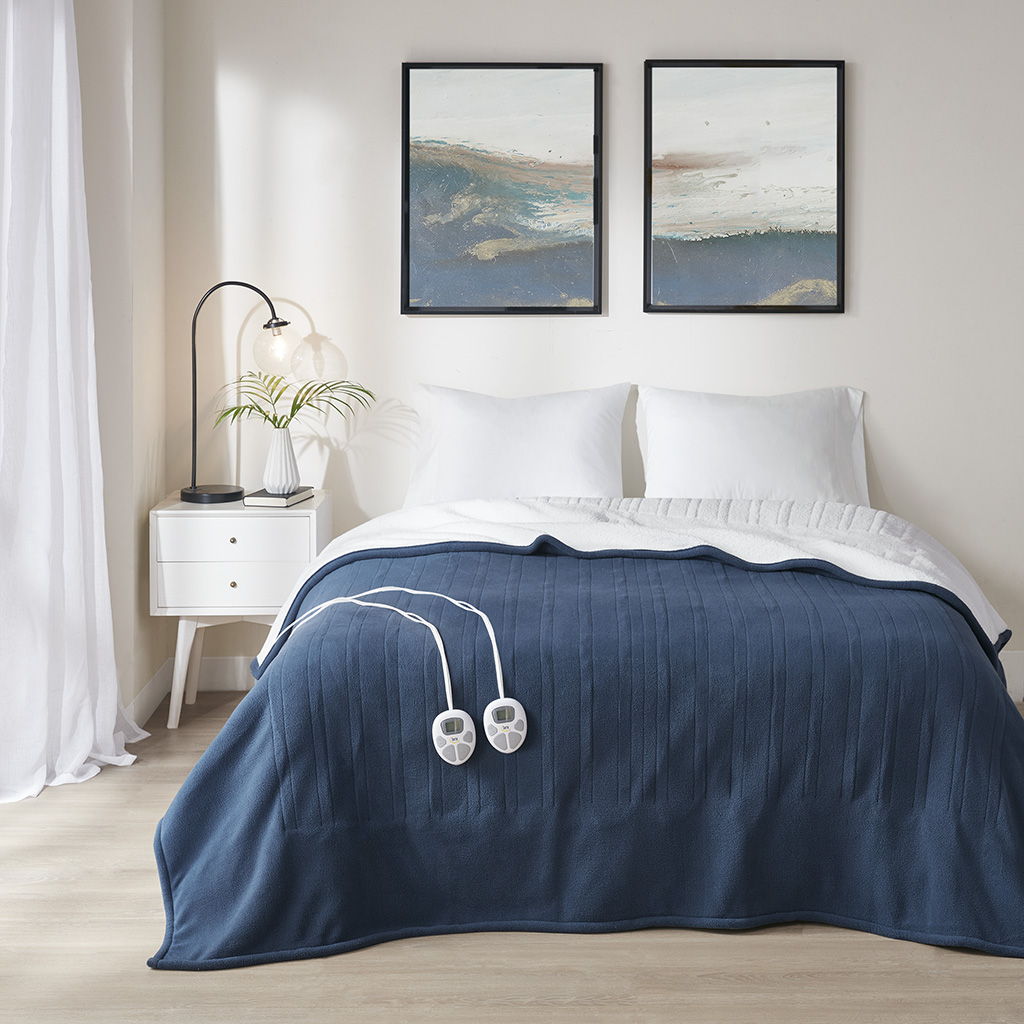 Fleece to Sherpa - Queen Heated Blanket - Blue