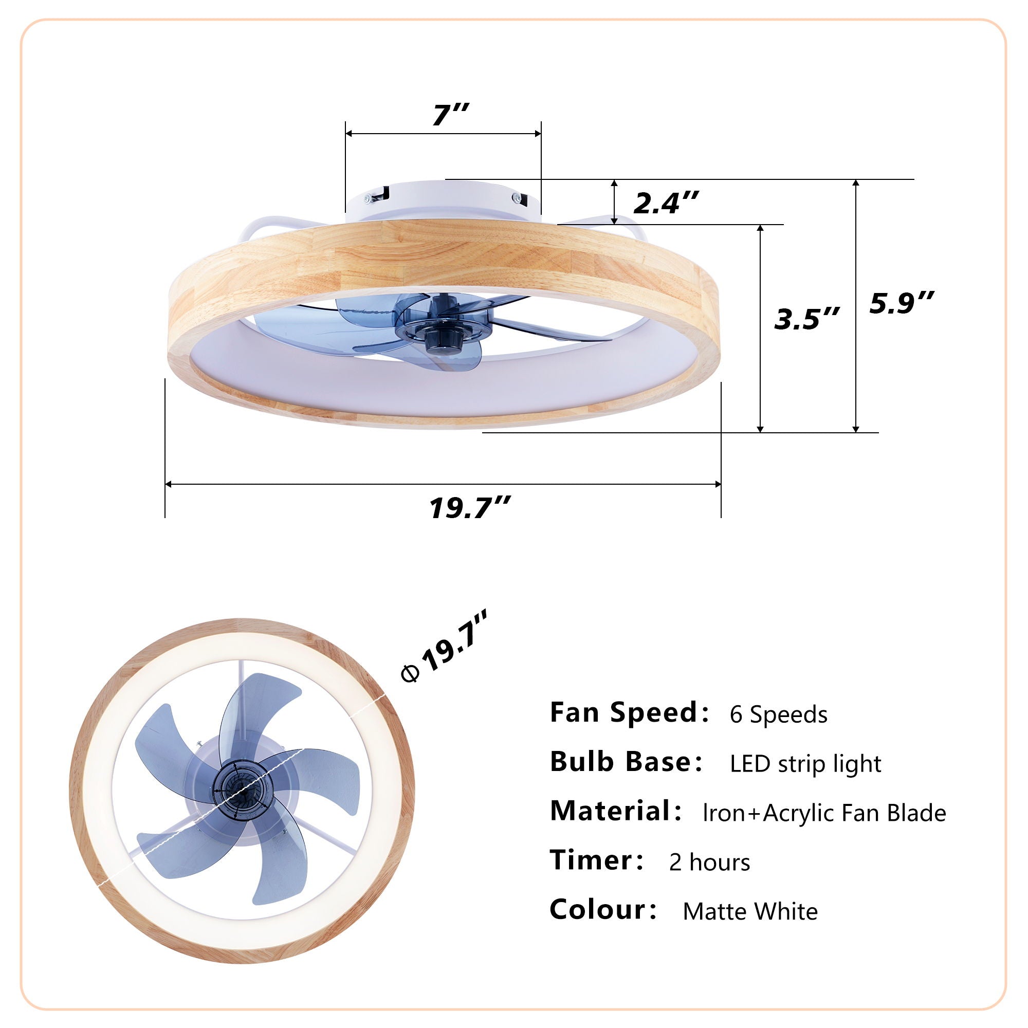 Ceiling Fans With Lights And Remote, 3000 - 6500K Dimmable Flush Mount LED Fan Light, 6 Speeds, Quiet DC Motor For Living Room - Matte White / Natural Wood