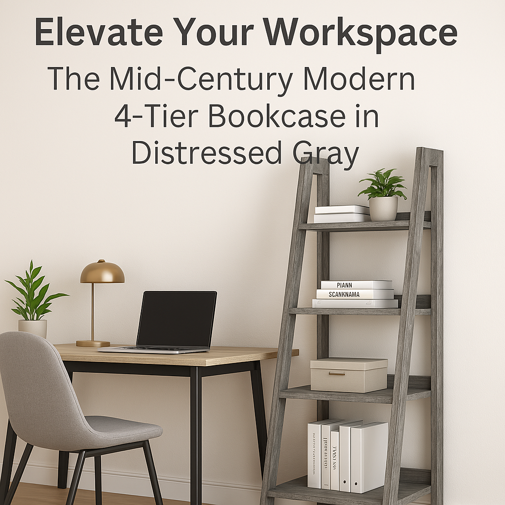 Elevate Your Workspace: The Mid-Century Modern 4-Tier Bookcase in Distressed Gray