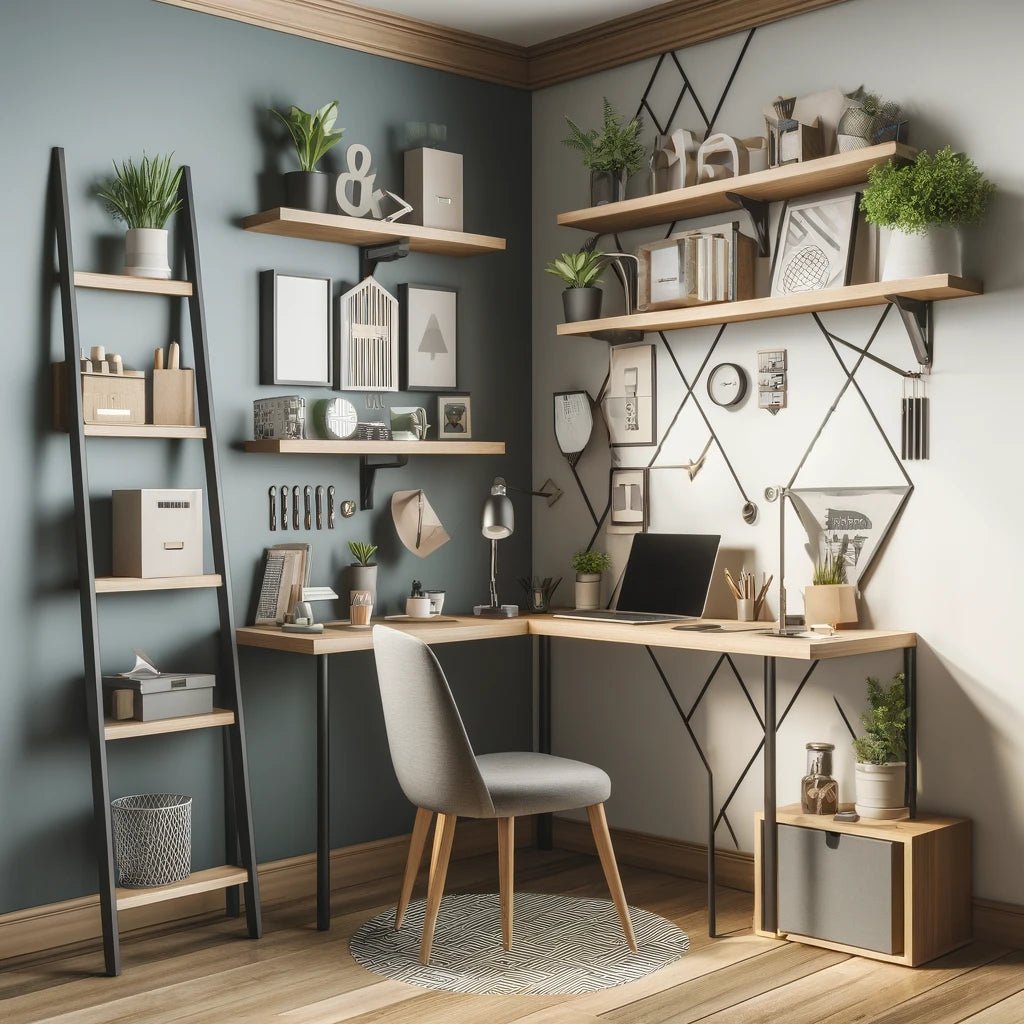 Stylish small home office with ladder desk and floating desk