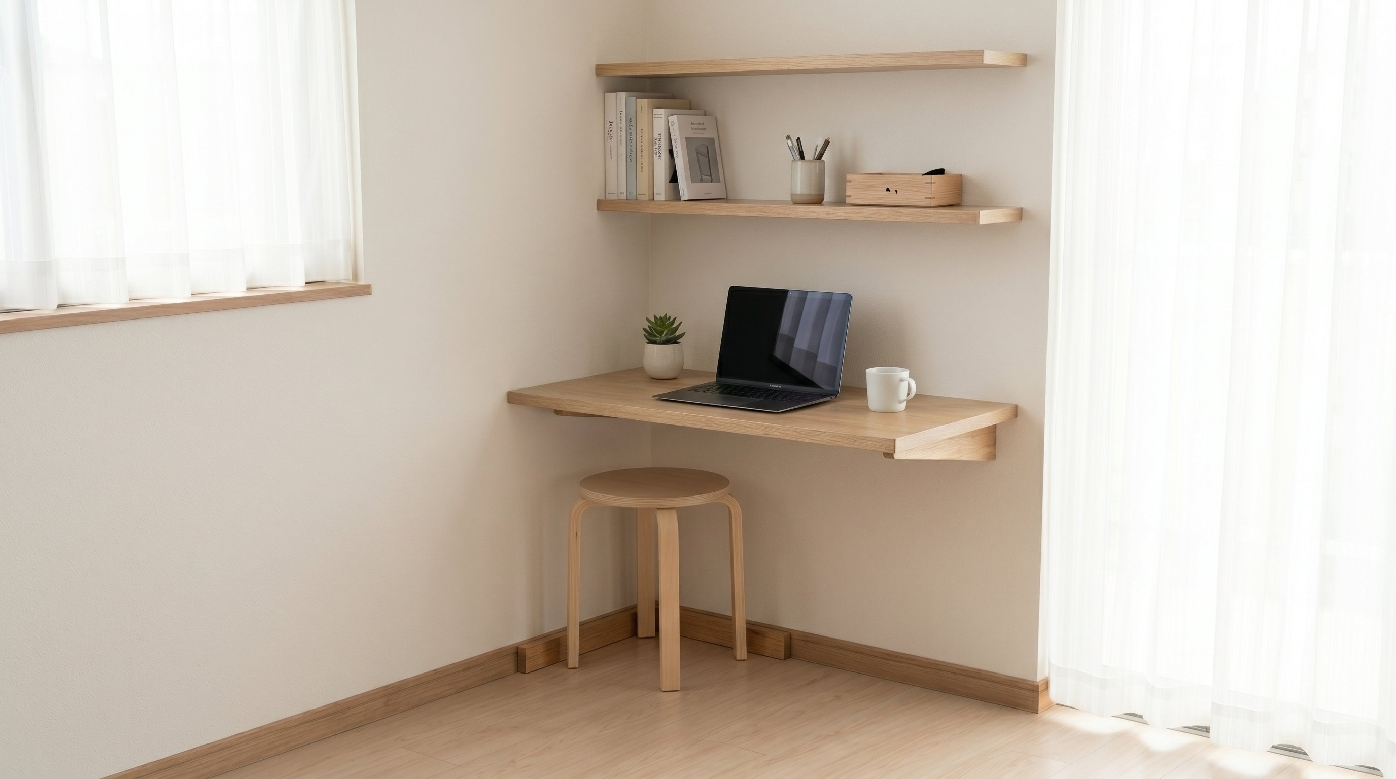 Small home office setup in an apartment corner with compact floating desk and wall mounted shelves