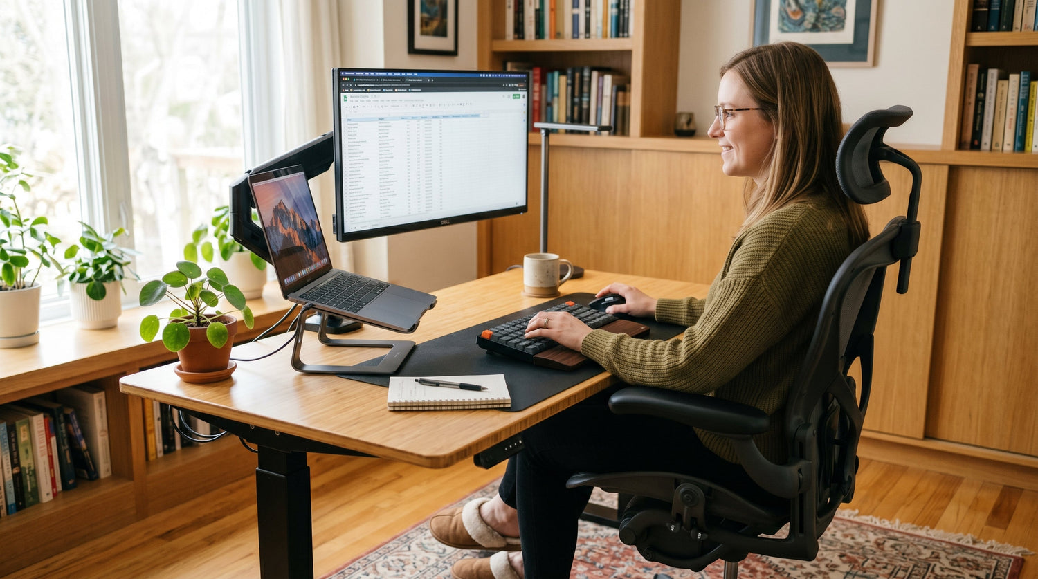 ergonomic home office setup with adjustable desk chair and monitor at eye level