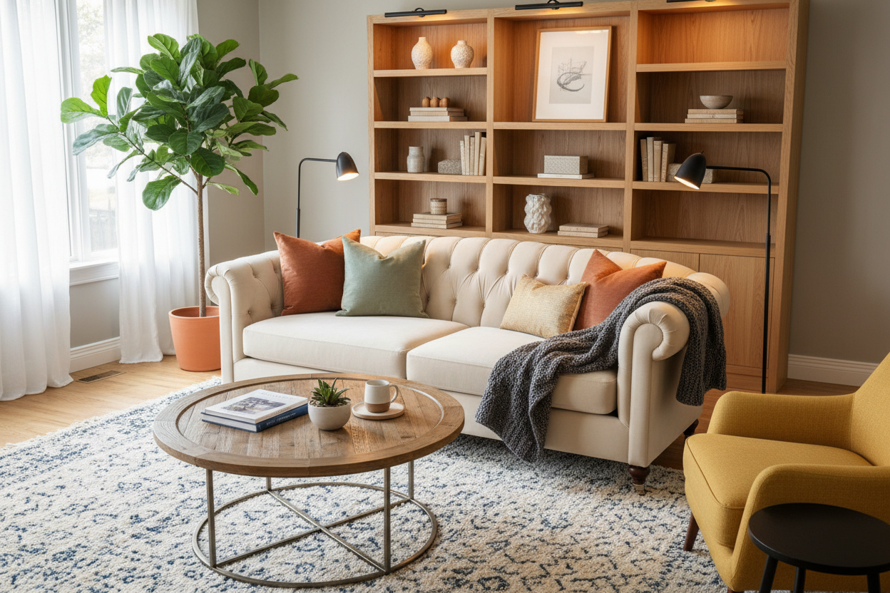 Decorated beige living room with a round mirror on the back wall,  grey sectional couch, small light brown wooden coffee table, on a white rug, with thin white window curtains