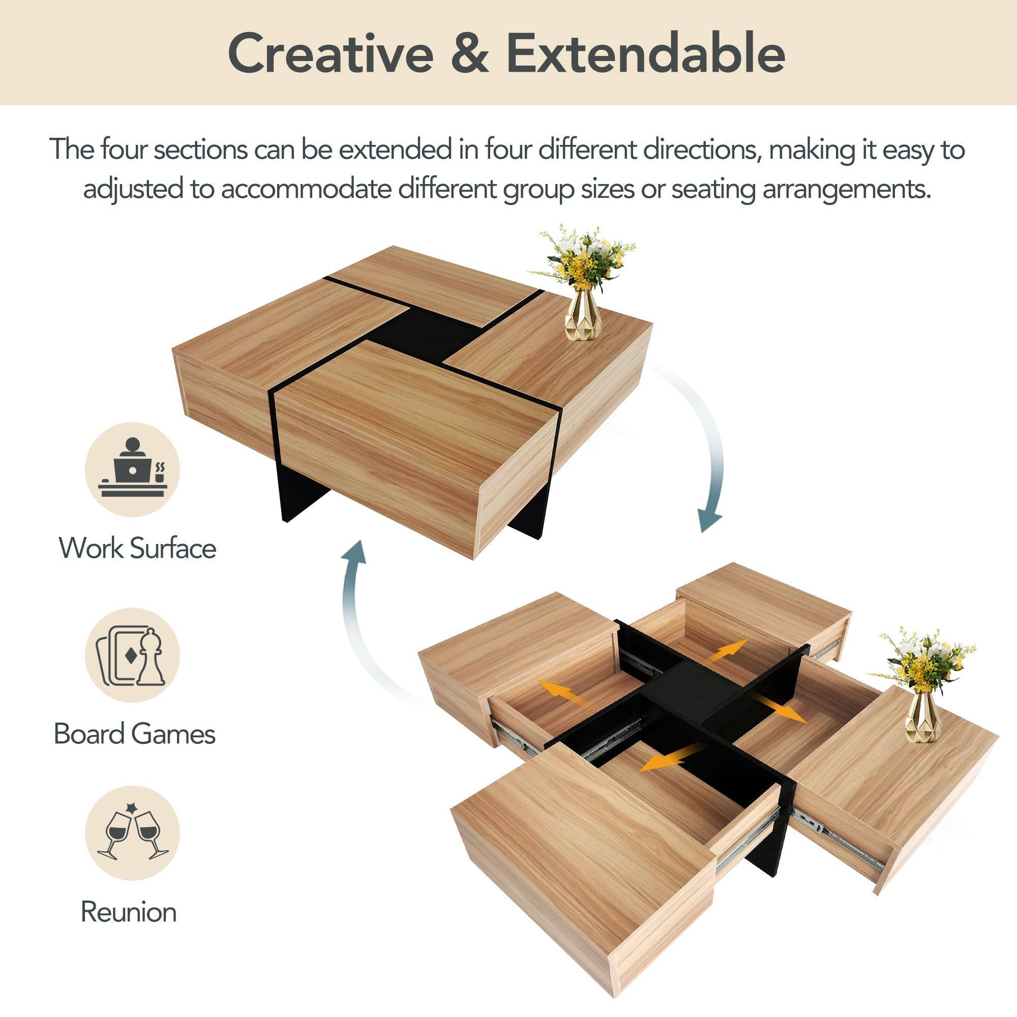 Unique Design Coffee Table with 4 Hidden Storage Compartments, Square Cocktail Table with Extendable Sliding Tabletop, UV High-gloss Design Center Table for Living Room, 31.5"x 31.5"