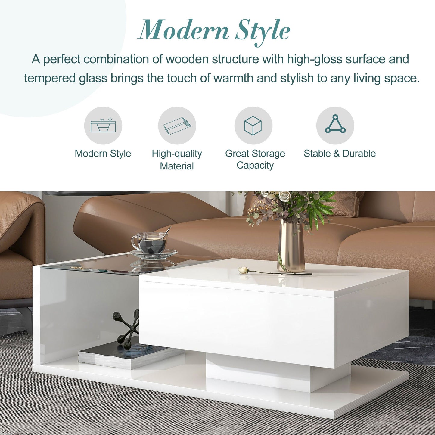 Modern Coffee Table with Tempered Glass, Wooden Cocktail Table with High-gloss UV Surface, Modernist 2-Tier Rectangle Center Table for Living Room, White