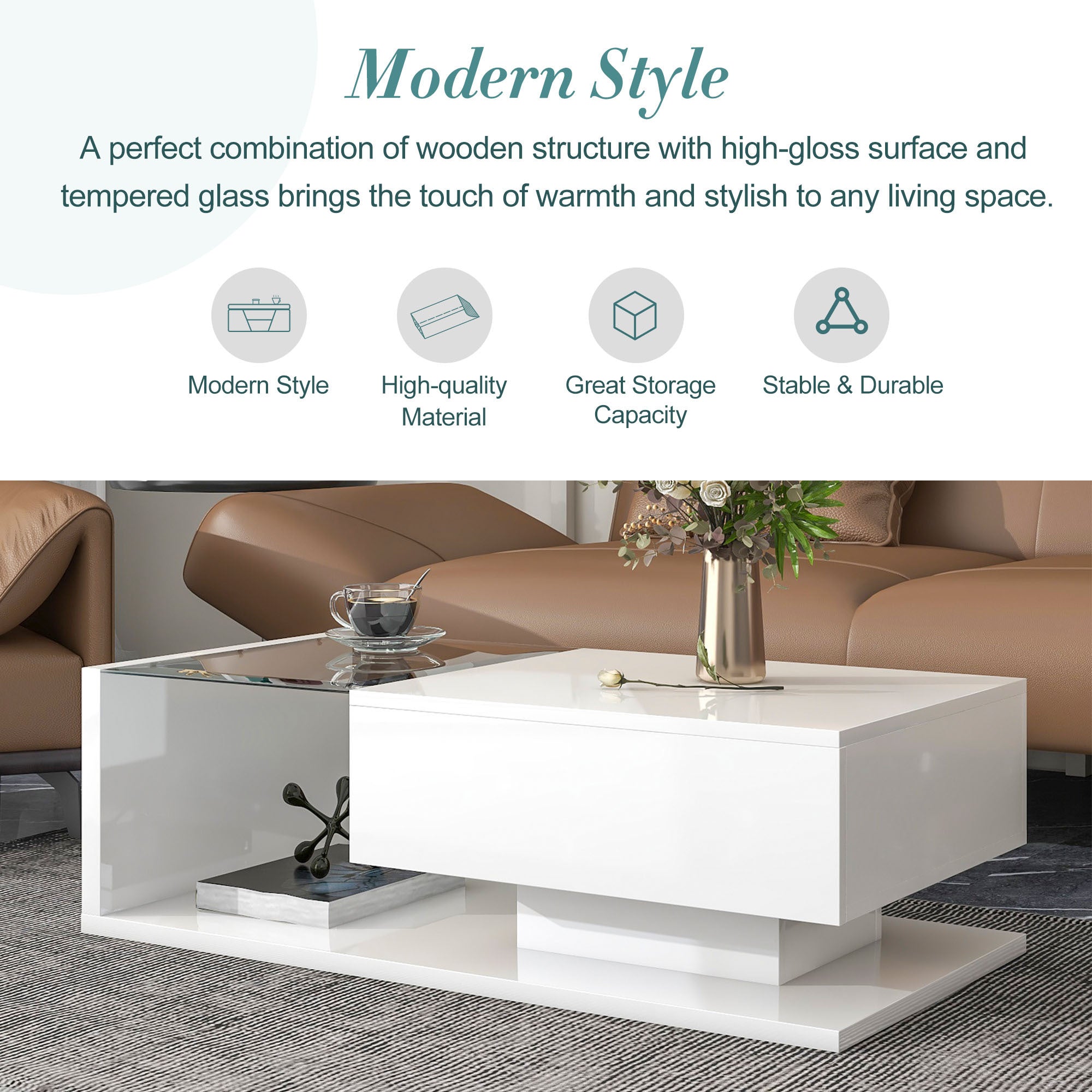 Modern Coffee Table with Tempered Glass, Wooden Cocktail Table with High-gloss UV Surface, Modernist 2-Tier Rectangle Center Table for Living Room, White