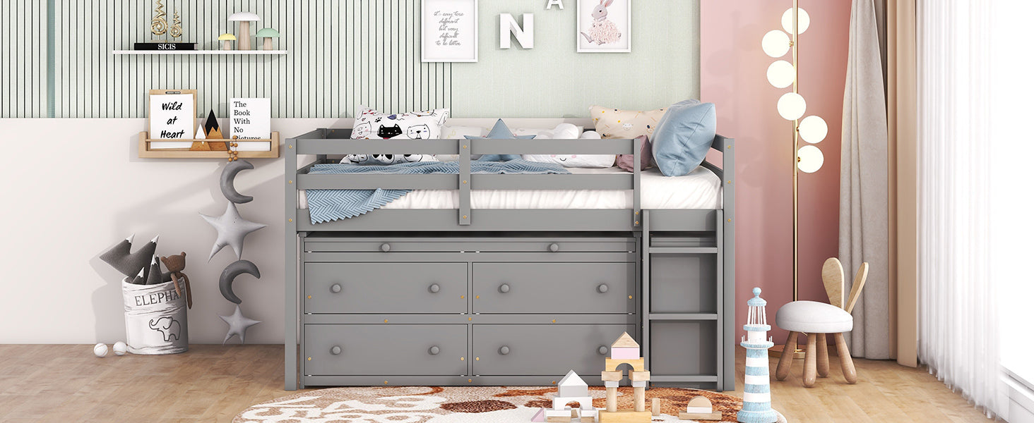 Full Size Loft Bed with Retractable Writing Desk and 4 Drawers, Wooden Loft Bed with Lateral Portable Desk and Shelves, Gray