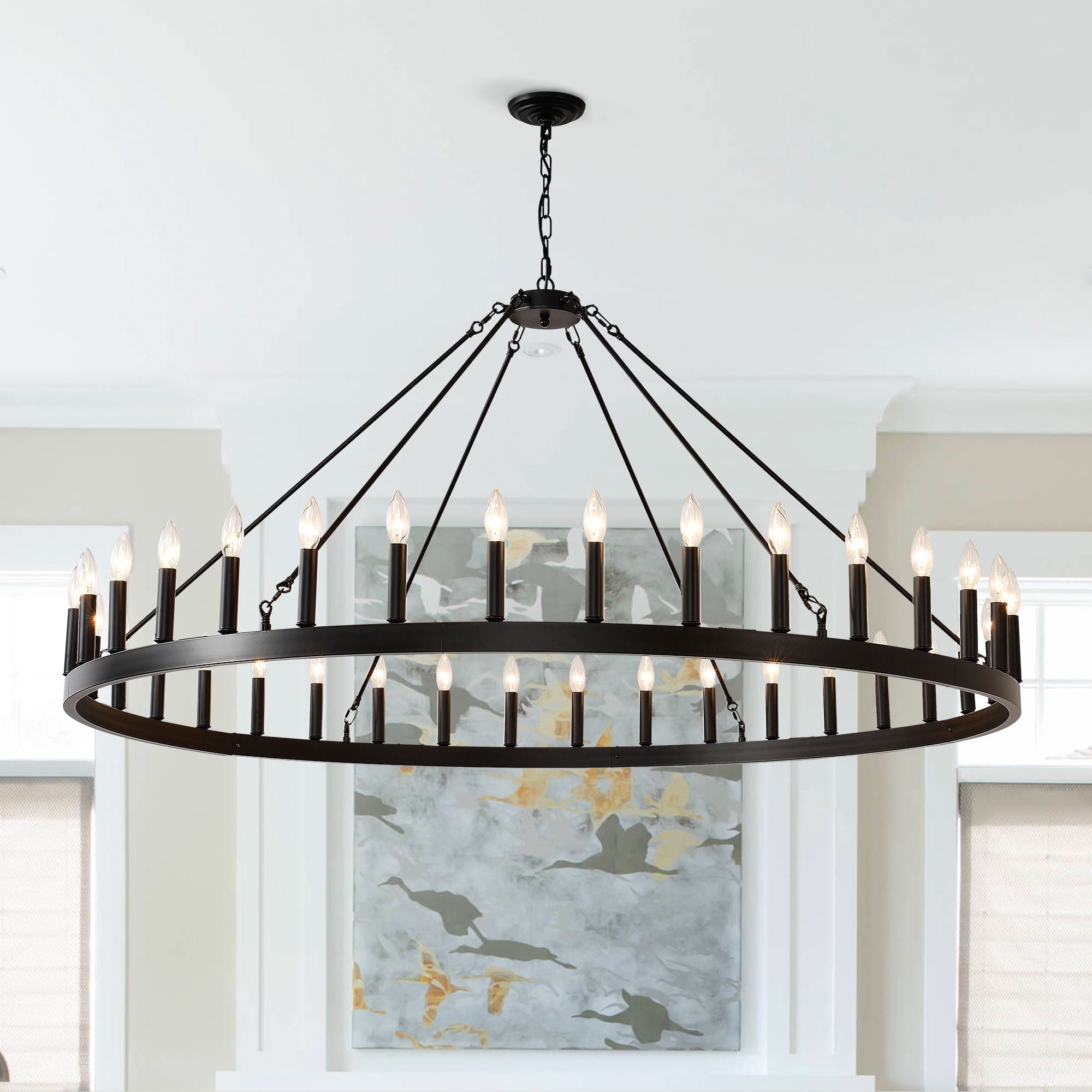 36 Light Extra Large Wagon Wheel Chandelier, Farmhouse Round Wheel Chandelier Light Fixtures Wagon Wheel Chandeliers For Porch High Ceilings Dining Room Living Room, Kitchen, Bedroom - Black