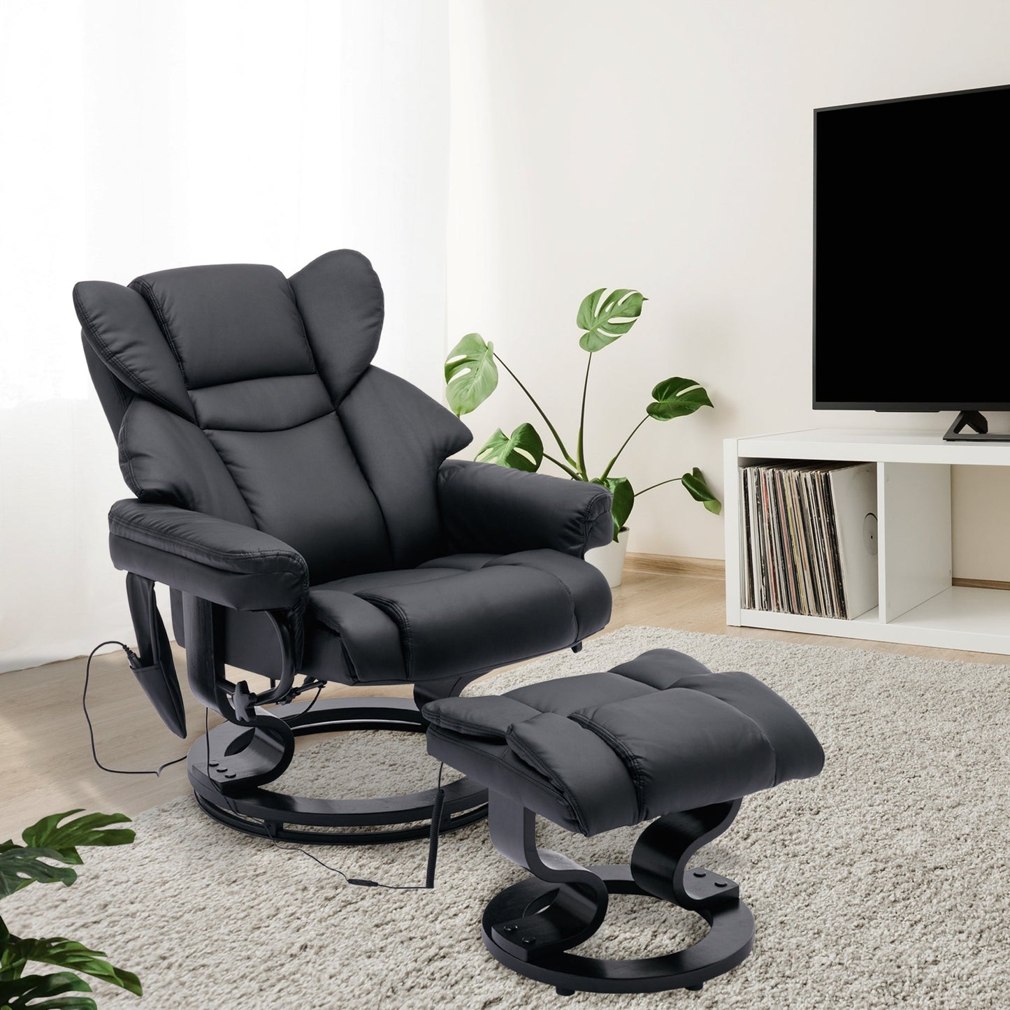 Massage Recliner and Ottoman, PU Leisure Office Chair with 10 Vibration Points, Adjustable Backrest, Side Pocket and Remote Control, for Living Room, Study, Bedroom, Black