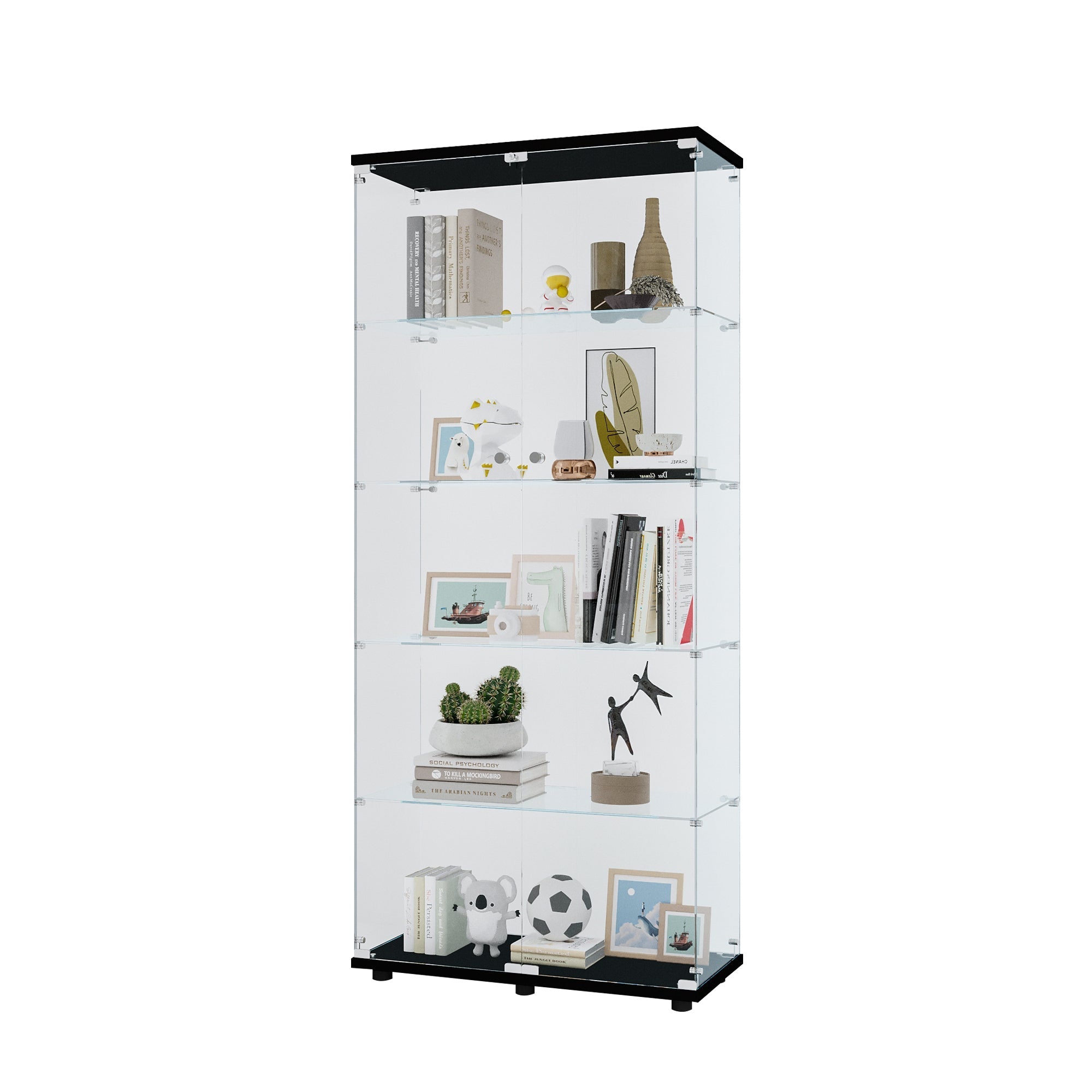 Glass Display Cabinet with 5 Shelves Double Door, Curio Cabinets for Living Room, Bedroom, Office, Black Floor Standing Glass Bookshelf, Quick Installation