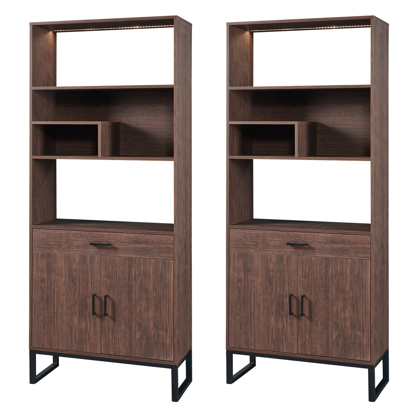 75.9"Modern Open Bookshelf Suite with Doors, Bookcase Suite with Storage drawers and LED Strip Lights,Free Standing Display Rack,Wooden Tall Bookshelf Suite for Living Room and Office, Walnut