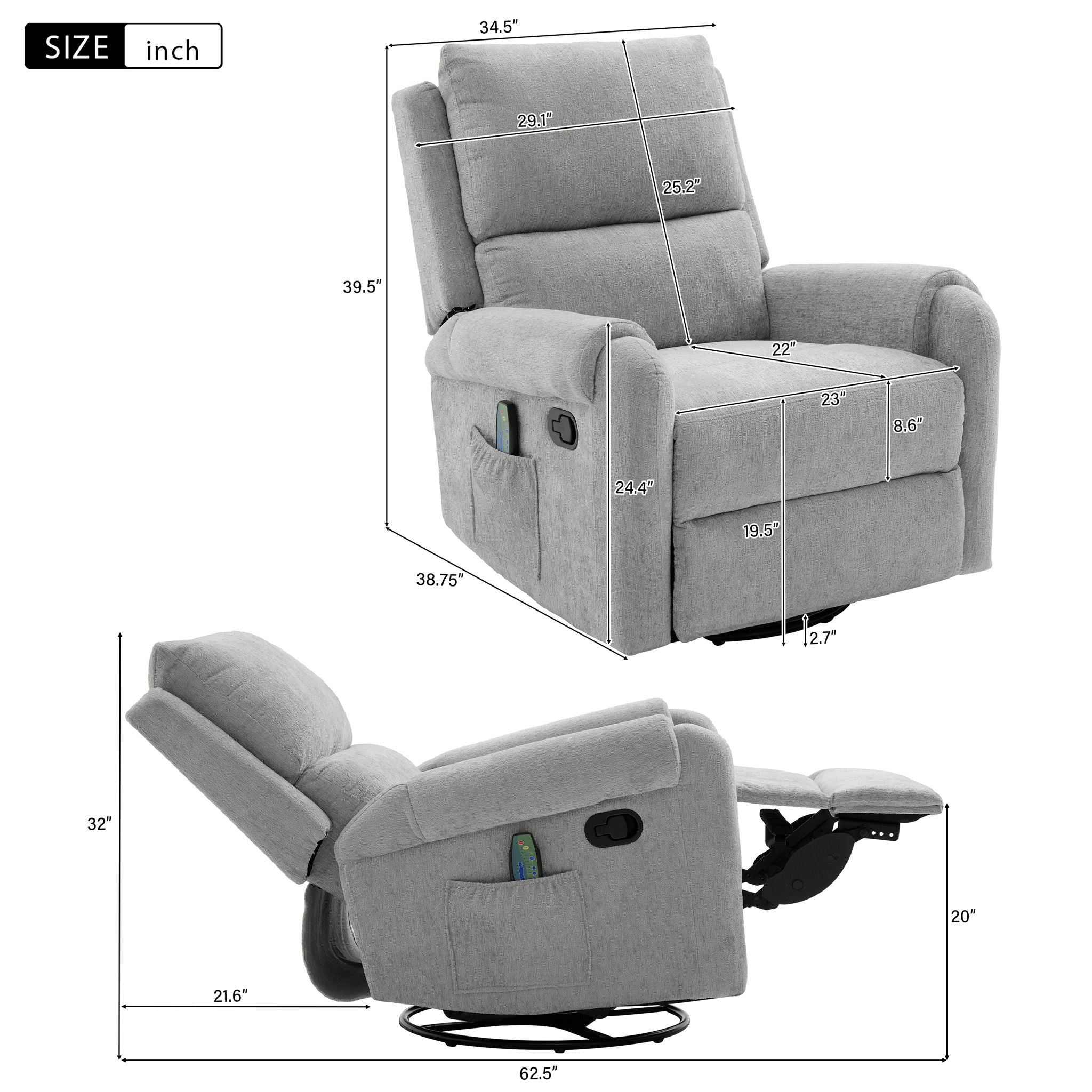 Manual Recliner Massage Chair With Swivel Rocker, 8 Massage Modes, Side Storage Pocket