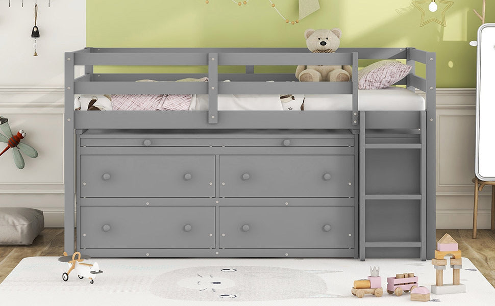 Twin Size Loft Bed with Retractable Writing Desk and 4 Drawers, Wooden Loft Bed with Lateral Portable Desk and Shelves, Gray