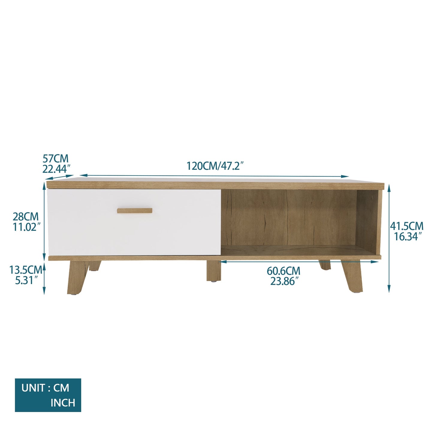 COFFEE TABLE computer table, wood+white color, solid wood handles and legs, two drawers