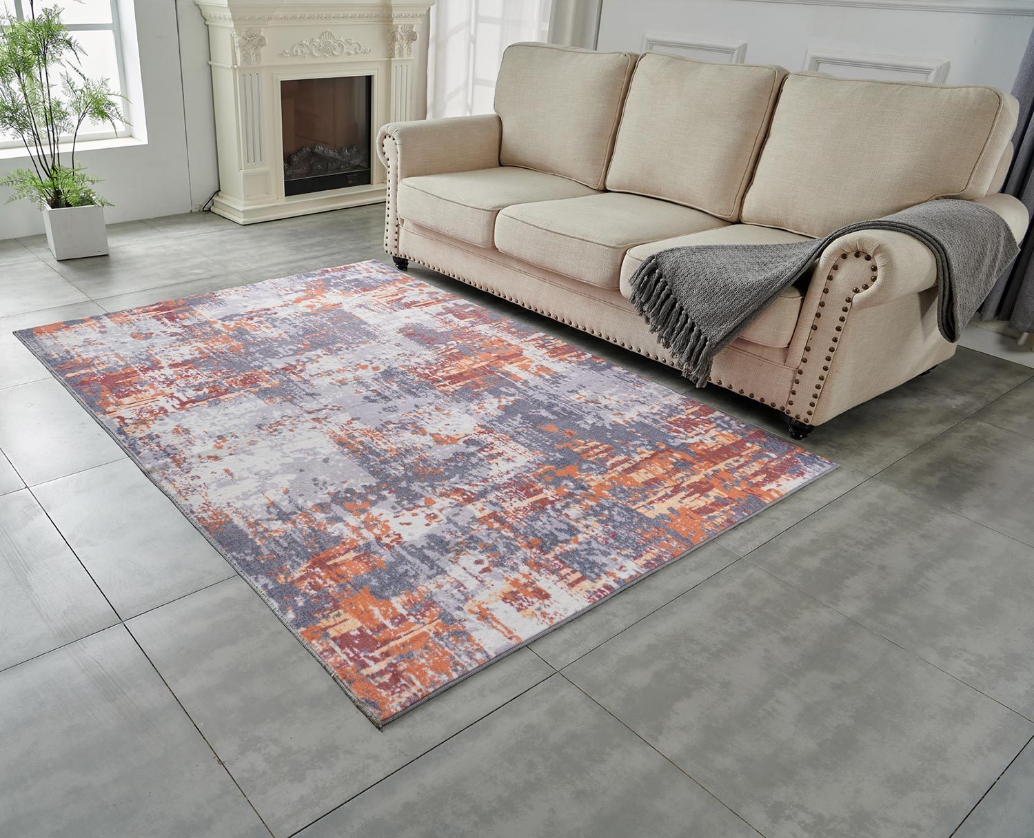 Zara Abstract Design Machine Washable Grey Brown and Rust Area Rug