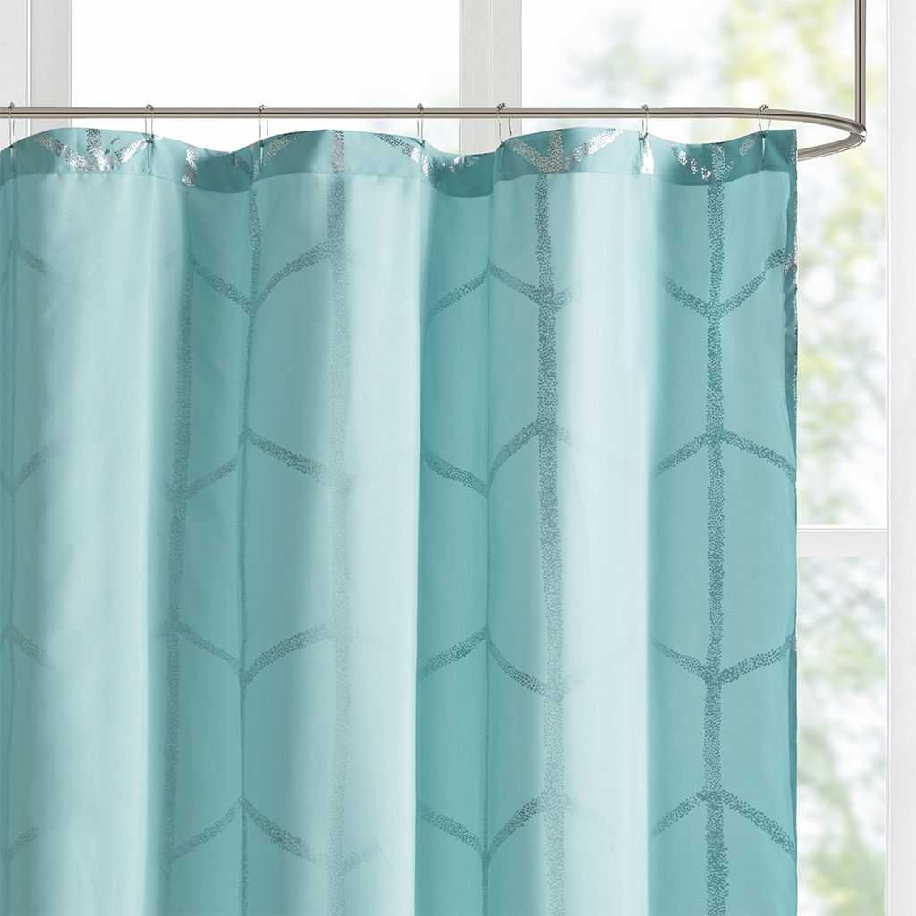 Raina - Printed Metallic Shower Curtain - Aqua / Silver