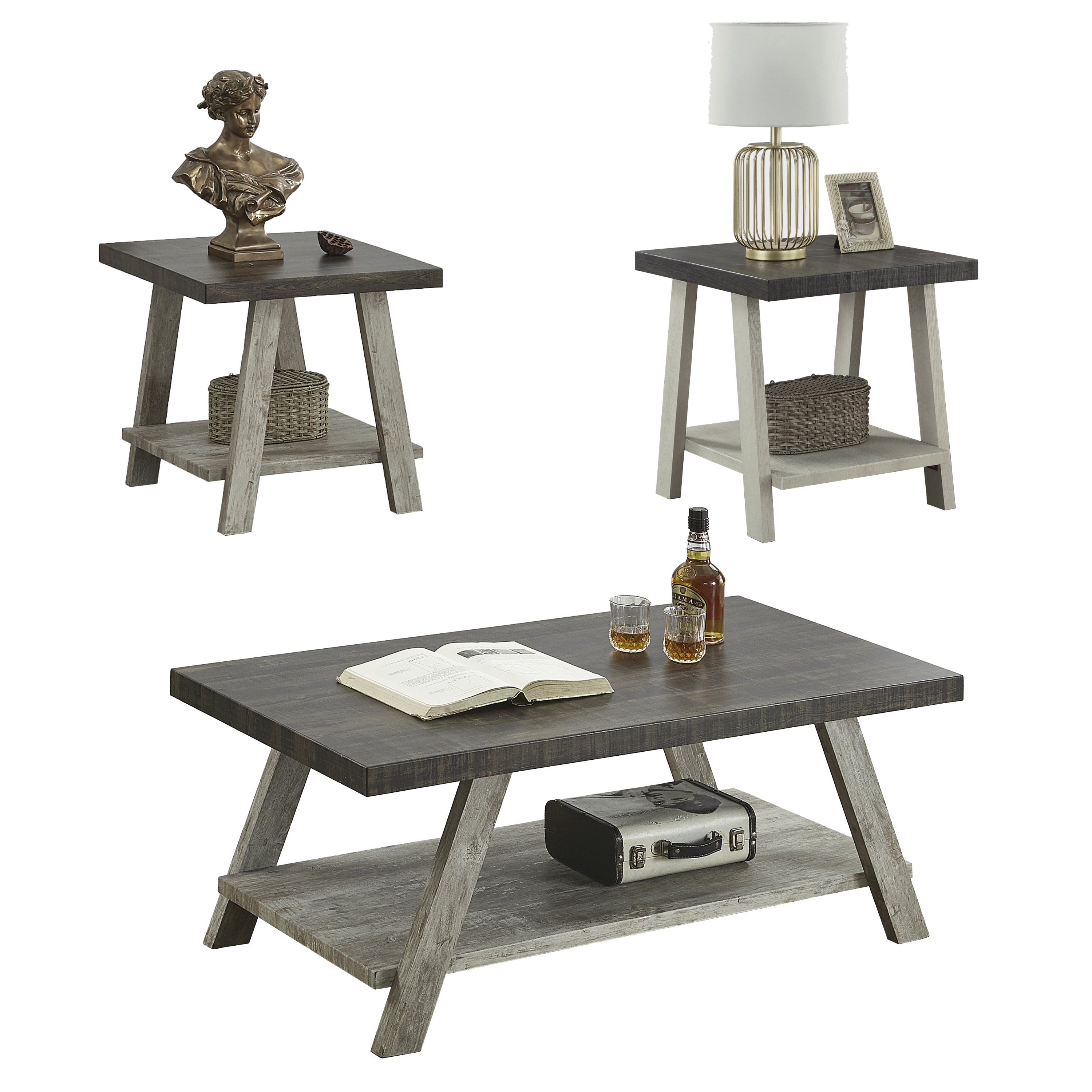 Athens Contemporary 3-Piece Wood Shelf Coffee Table Set in Weathered Walnut and Gray