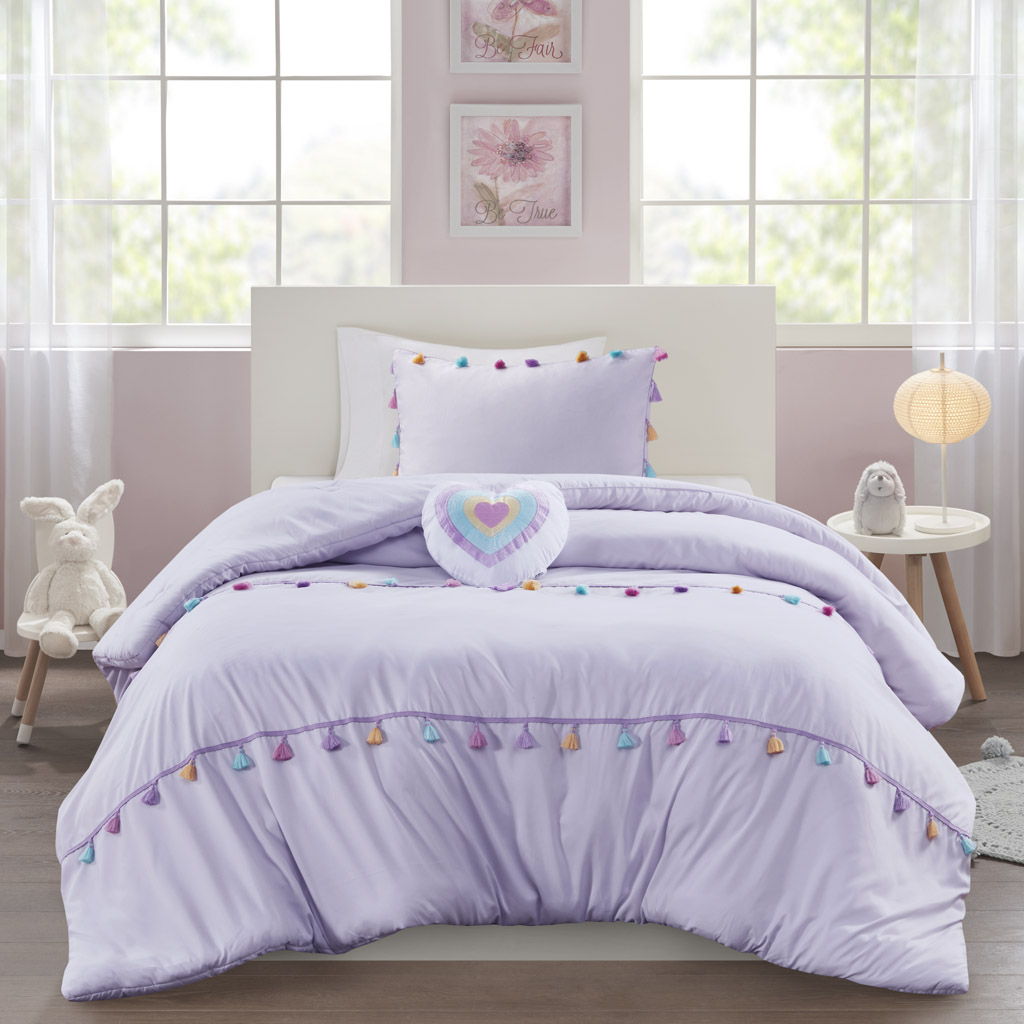 Tessa - 4 Piece Full/Queen Tassel Comforter Set With Heart Shaped Throw Pillow - Lavender