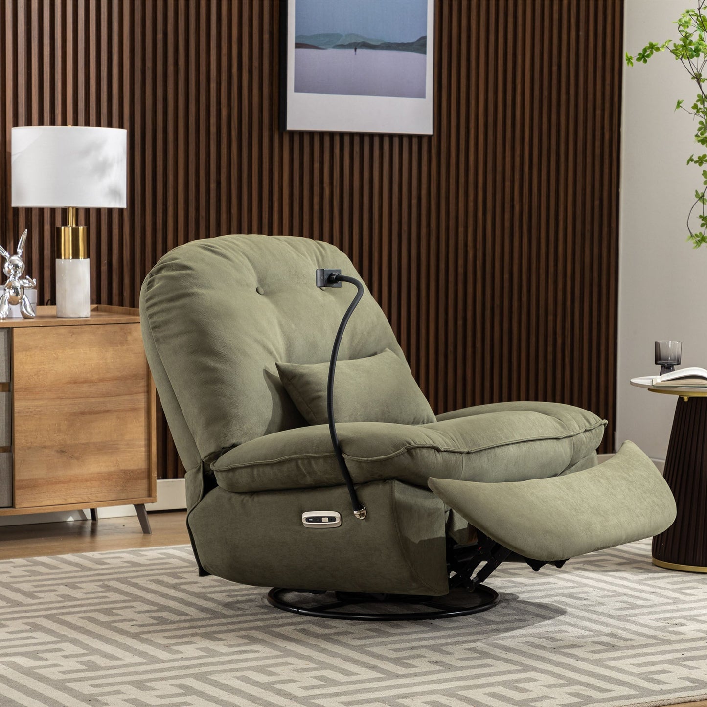 Smart Power Recliner Sofa  USB Charger With Bluetooth Swivel Single Chair with Voice Control Gaming Sleeping working Hidden Arm Storage (Green)