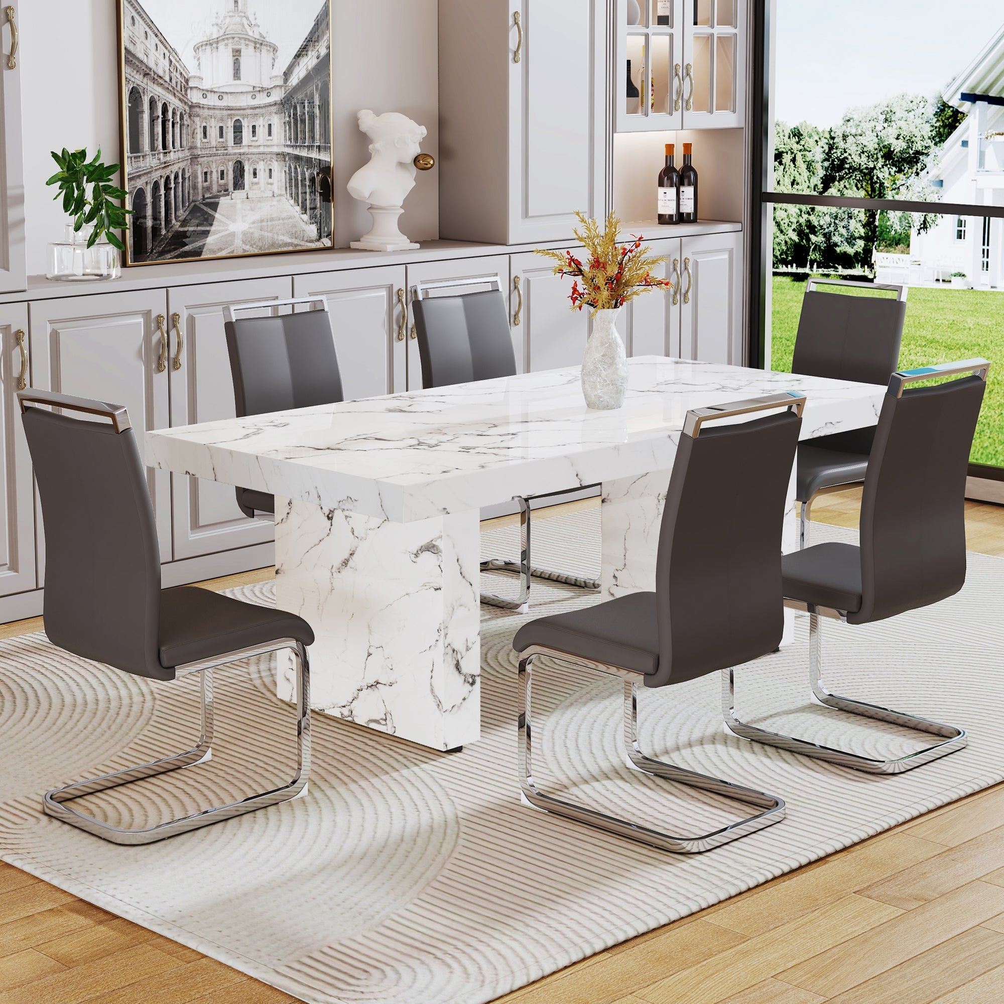 Modern rectangular dining table, office desk. MDF material. The white kitchen dining table has patterns and is suitable for 8-10 people.