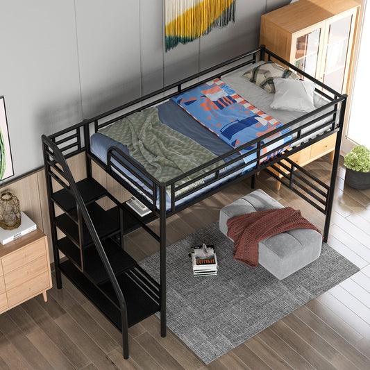 Metal Loft Bed Frame with Desk, No Box Spring Needed,Twin ,Black