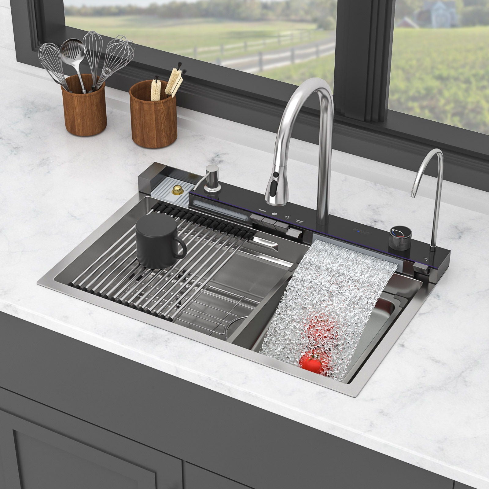 Kitchen Waterfall Sink Single Bowl With LED Faucet, Ledge Workstation, And Multi Function Pull Out Spray - Brushed Nickel