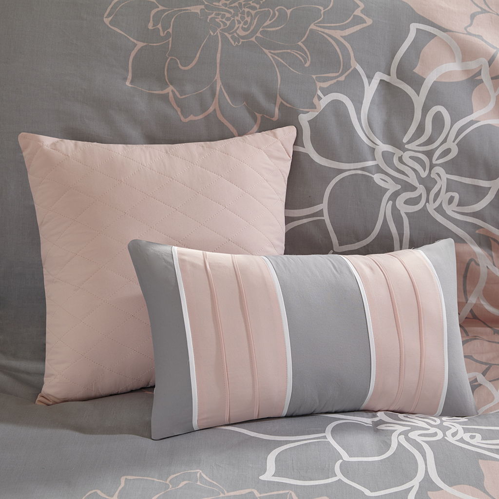 Lola - King 6 Piece Printed Duvet Cover Set - Gray / Blush